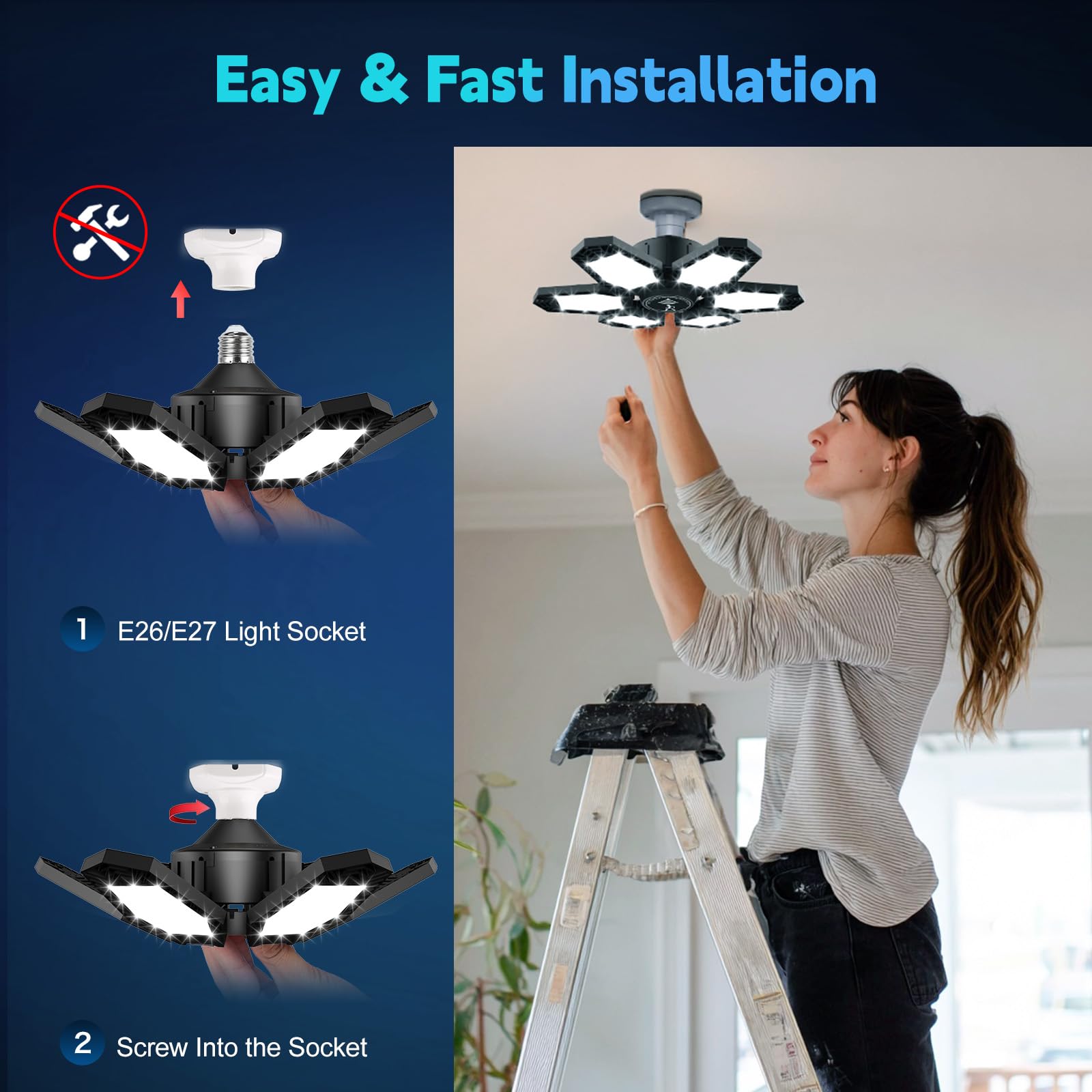 Myteaworld 2 Pack Motion Sensor Garage Light  15000Lm Ultra Led Shop Light Motion Activated  6500K Daylight  150W Deformable Garage Lighting For Attic  Workshop  Laundry Room  Basement(E26/E27 Screw)