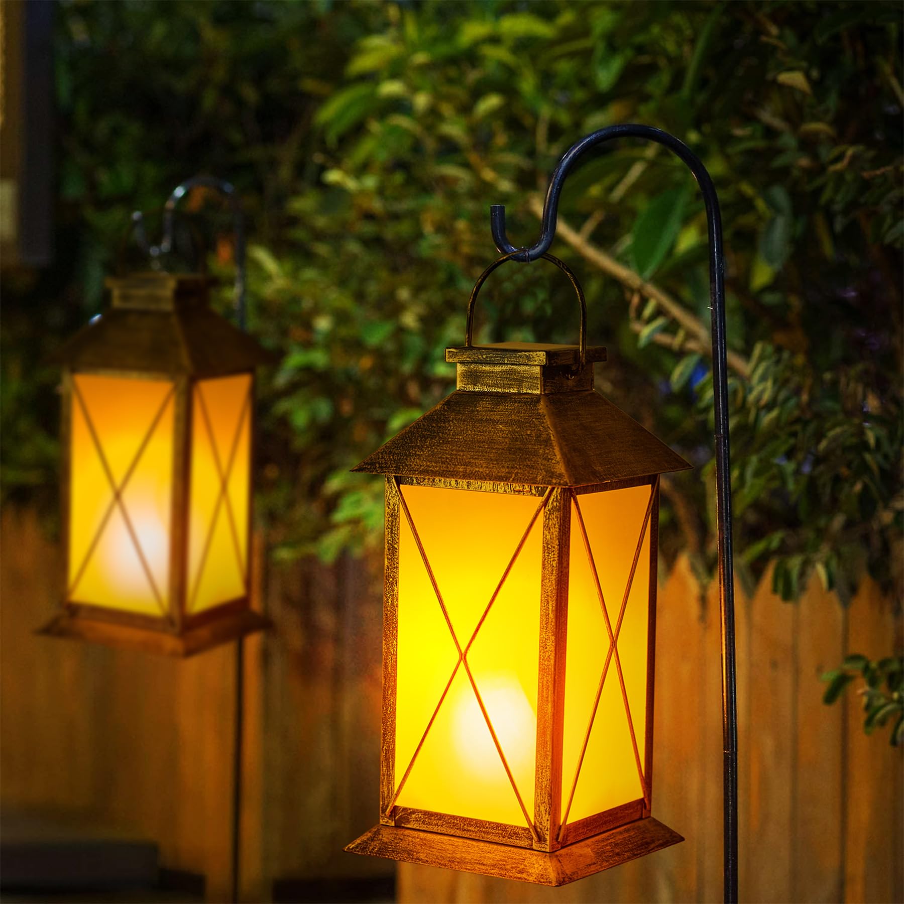 2 Pack Solar Lantern with Flickering Flame Candle, 13 Outdoor Waterproof Solar Lanterns Garden Decorative, Glass Hanging Lantern