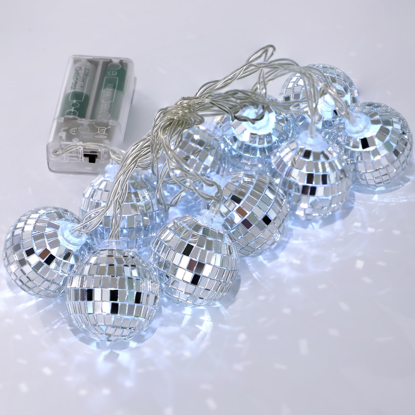 BBTO LED Disco Ball String Lights, 10 Pcs, 2 Inch, Battery Powered, Silver, Model BBTO-Decorations-2674, 70s 80s 90s