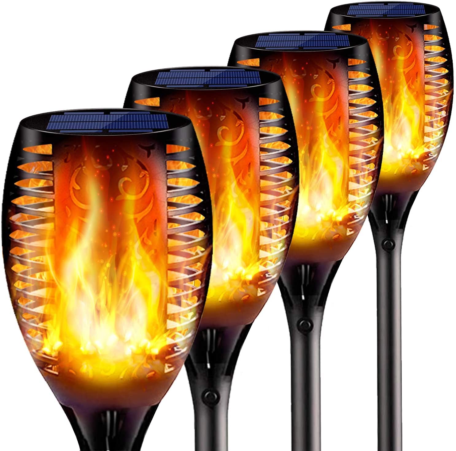 New Huing Solar Torch Lights, 4PCs, 43 inch, 96 LED, Waterproof, Yellow, Auto On/Off Dusk to Dawn for Garden Pathway Decoration