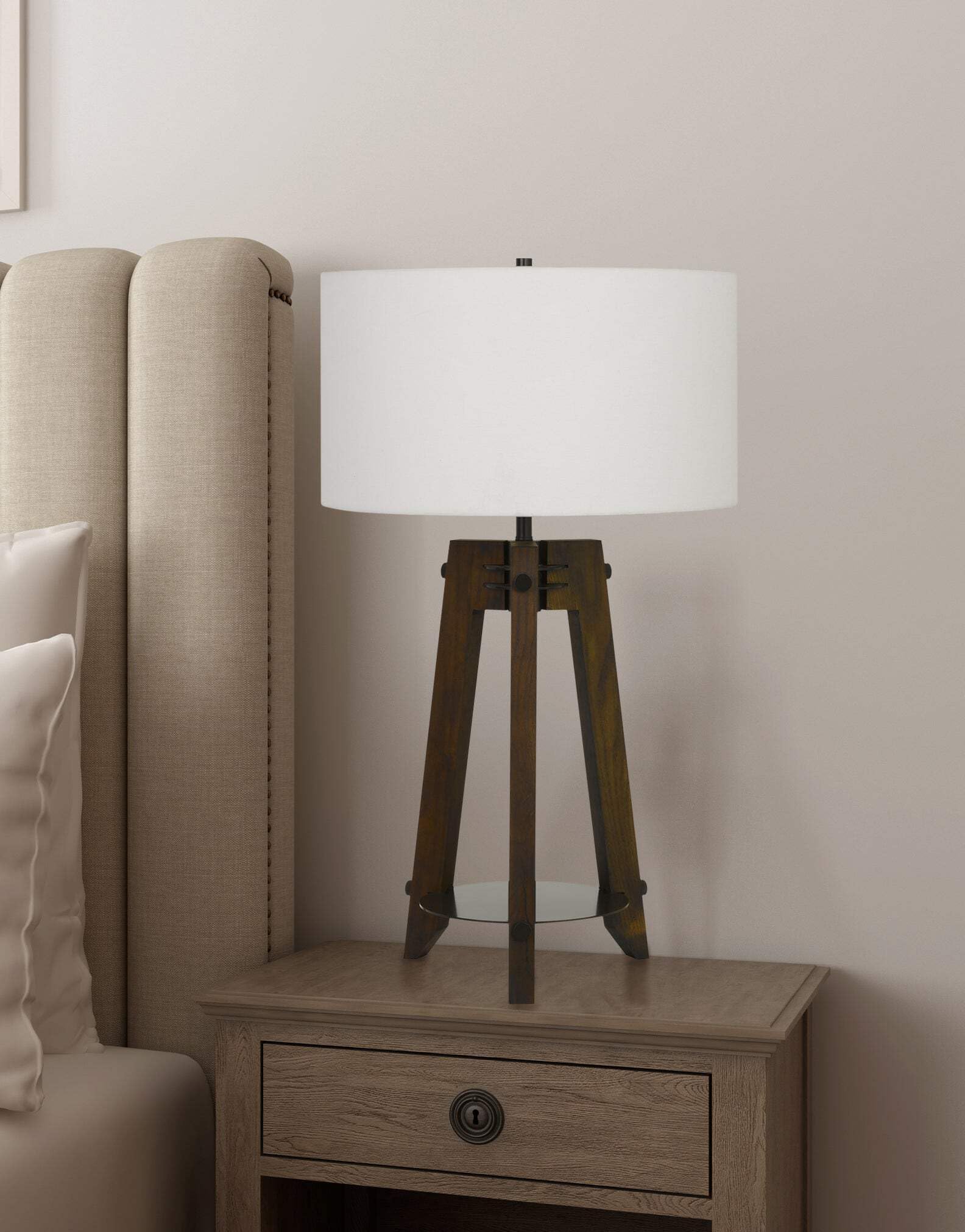 HomeRoots Table Lamp 32 in. Brown Metal with Off White Drum Shade Model 524779