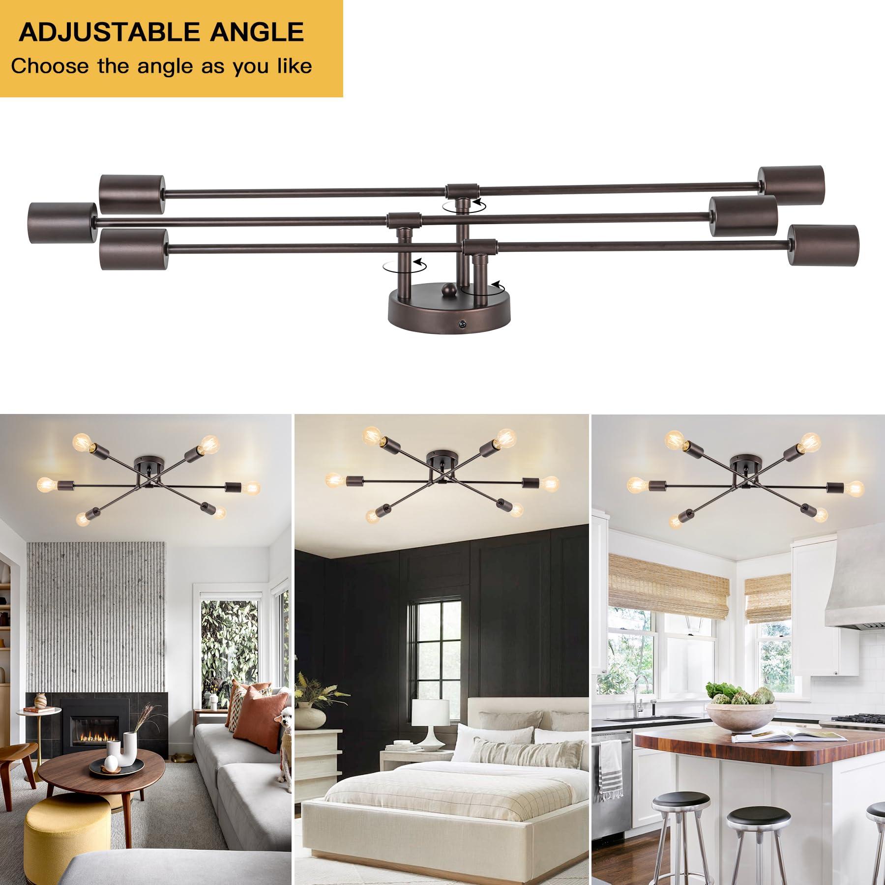 Brknit 6-Light Sputnik Chandeliers, Oil Rubbed Bronze Modern Semi Flush Mount Ceiling Light With E26 Base, Mid Century Industria