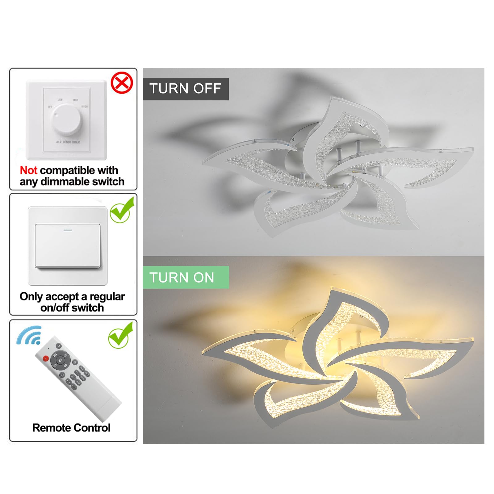 Garwarm Modern LED Chandelier Flush Mount, Dimmable 45W, 23.6in Acrylic Flower Design, White