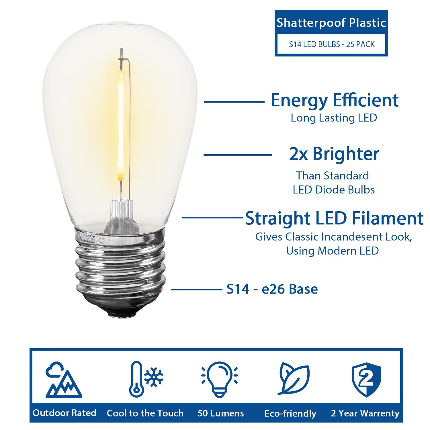 Novelty Lights S14 LED String Light Replacement Bulbs, 25 Pack, Shatterproof Plastic, E26 Base, Warm White, 30,000-Hour Lifespan