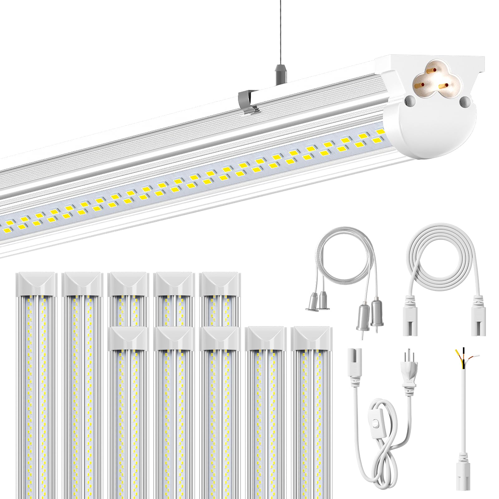 10Pack 8FT LED Shop Light  6000K White 100W Super Bright  15000lm V Shape Garage Lighting  Plug and Play  Upgrade Hanging/Surface Linkable LED Shop Lights for Workshop