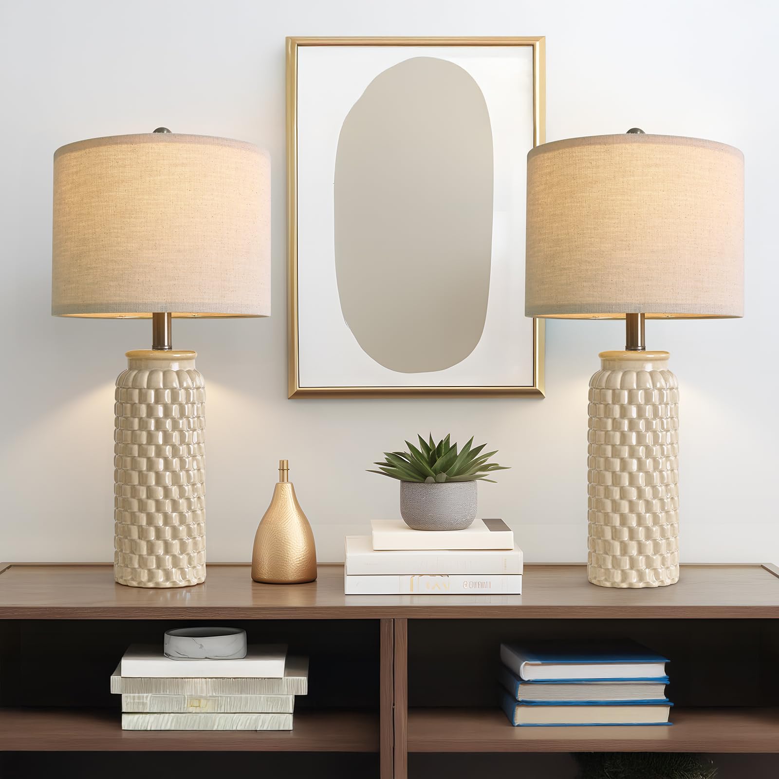 Usumkky 24'' Modern Ceramic Bedside Lamp Set Of 2 For Bedroom Decor Farmhouse Table Lamp For Living Room Office Dorm