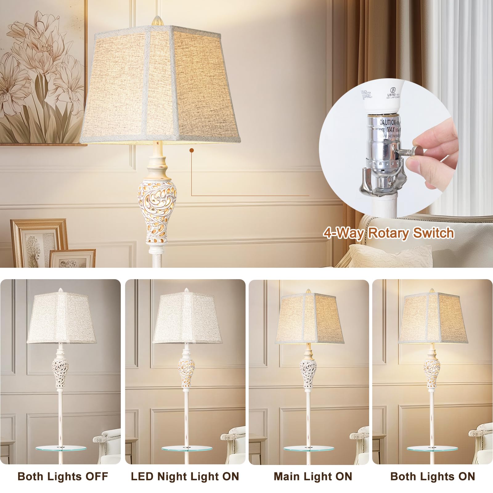 LuxSight Vintage Floor Lamp, 65" Rustic Tall Light with Nightlight, Cream Color, Glass Tray, Model PL8031-FLTR, Ideal for Living Room, Bedroom