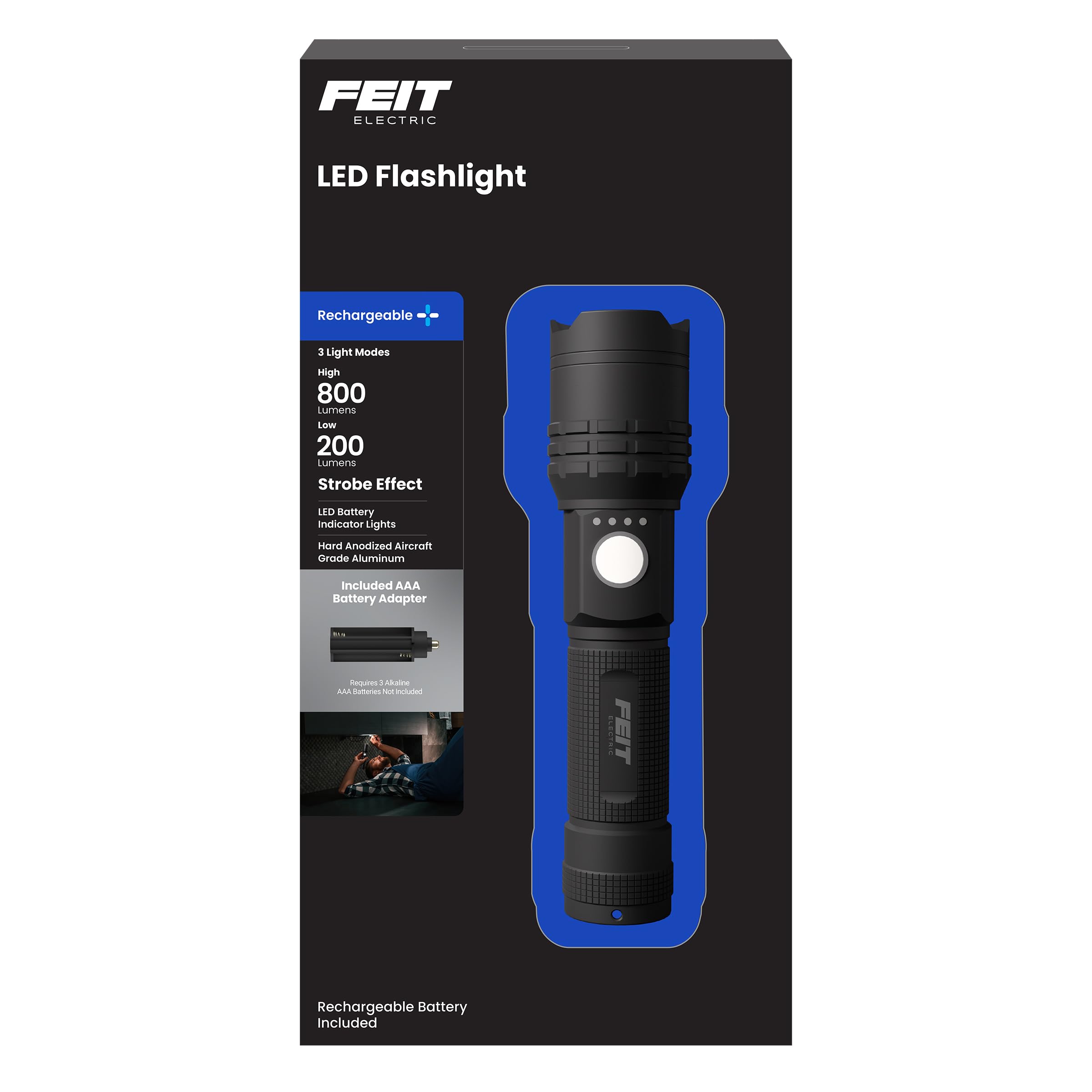 Feit Electric Flex Power Flashlight, 800 Lumens, Rechargeable & AAA Battery Compatible, Aircraft-Grade Aluminum, USB-C Charging,