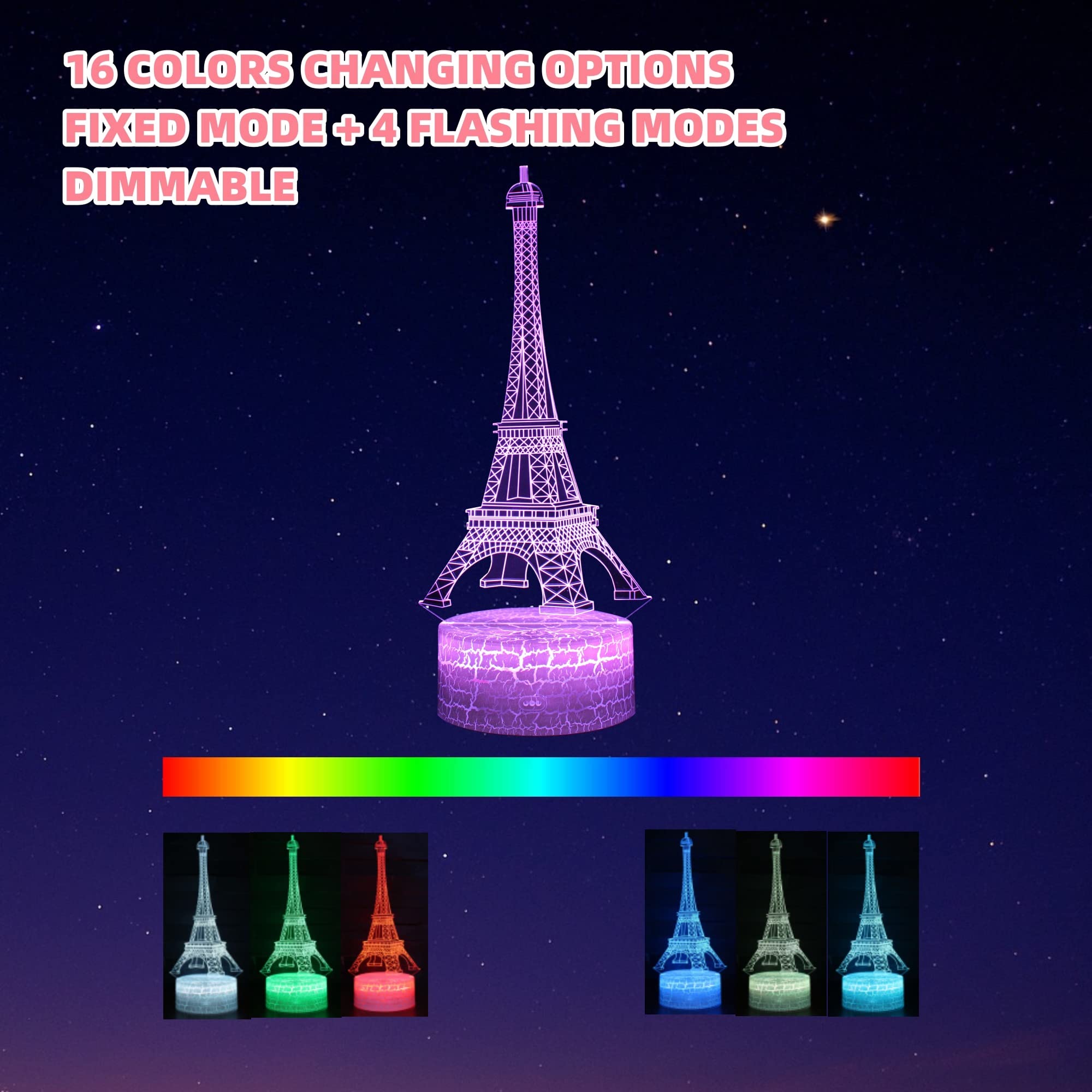 Kenmaca Night Light Eiffel Tower, Arch Of Triumph Paris Themed Bedroom Decor 2 Patterns 3D Illusion Lamp, 16 Color Change Dimmab