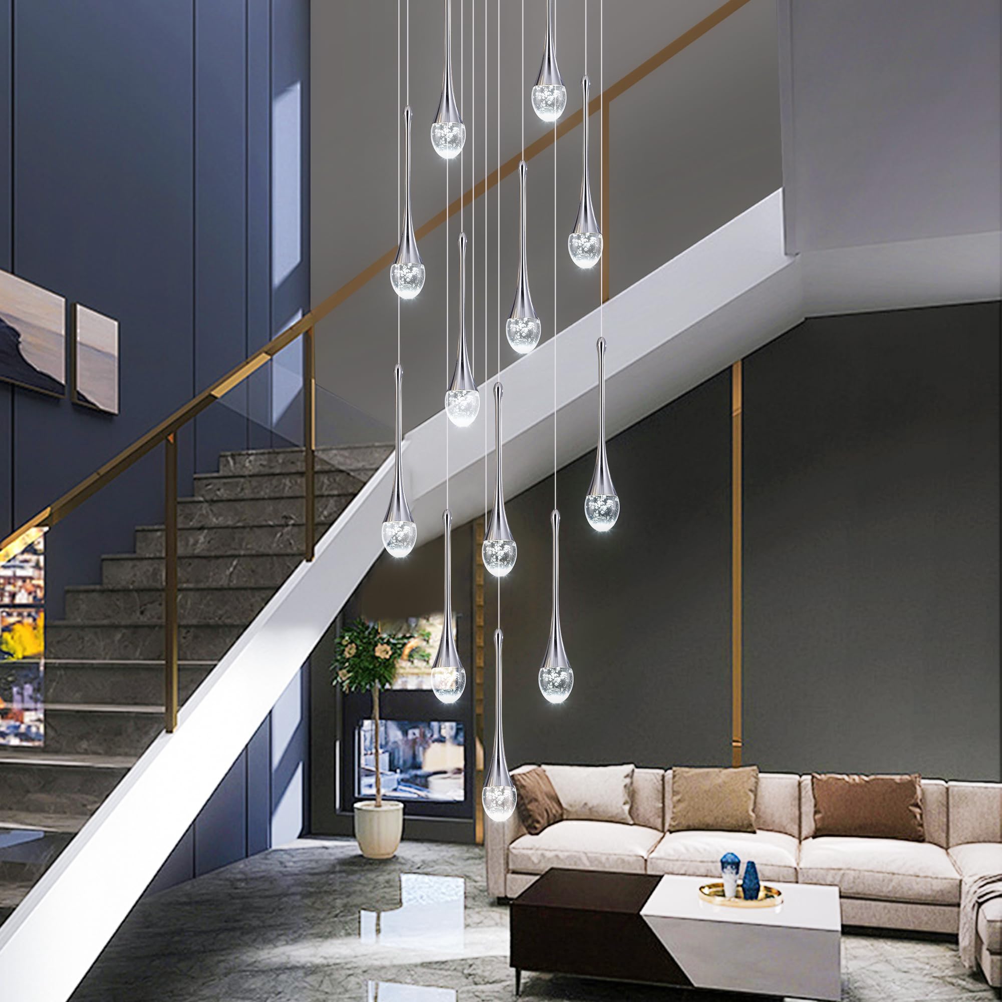 Upfelw Modern Crystal Staircase Chandelier, 12 Lights, Polished Chrome, Dimmable LED, H120in , Model UCC-S12-0436