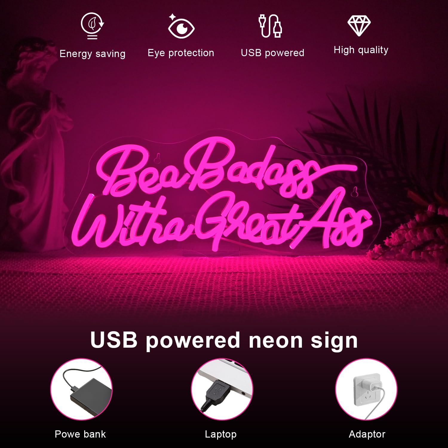 LUCUNSTAR Neon Sign Light, USB Powered, Dimmable, Pink inBe a Badass with a Goodassin for Home and Party Decor