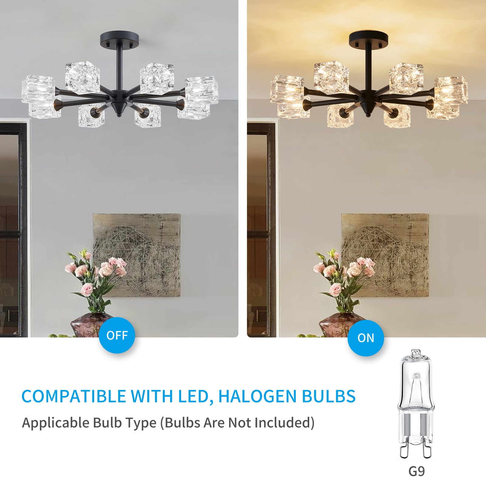 Xingqi Black Sputnik Chandelier Ceiling Light Fixture 8 Lights Farmhouse Semi Flush Mount Ceiling Light Industrial Glass Lightin