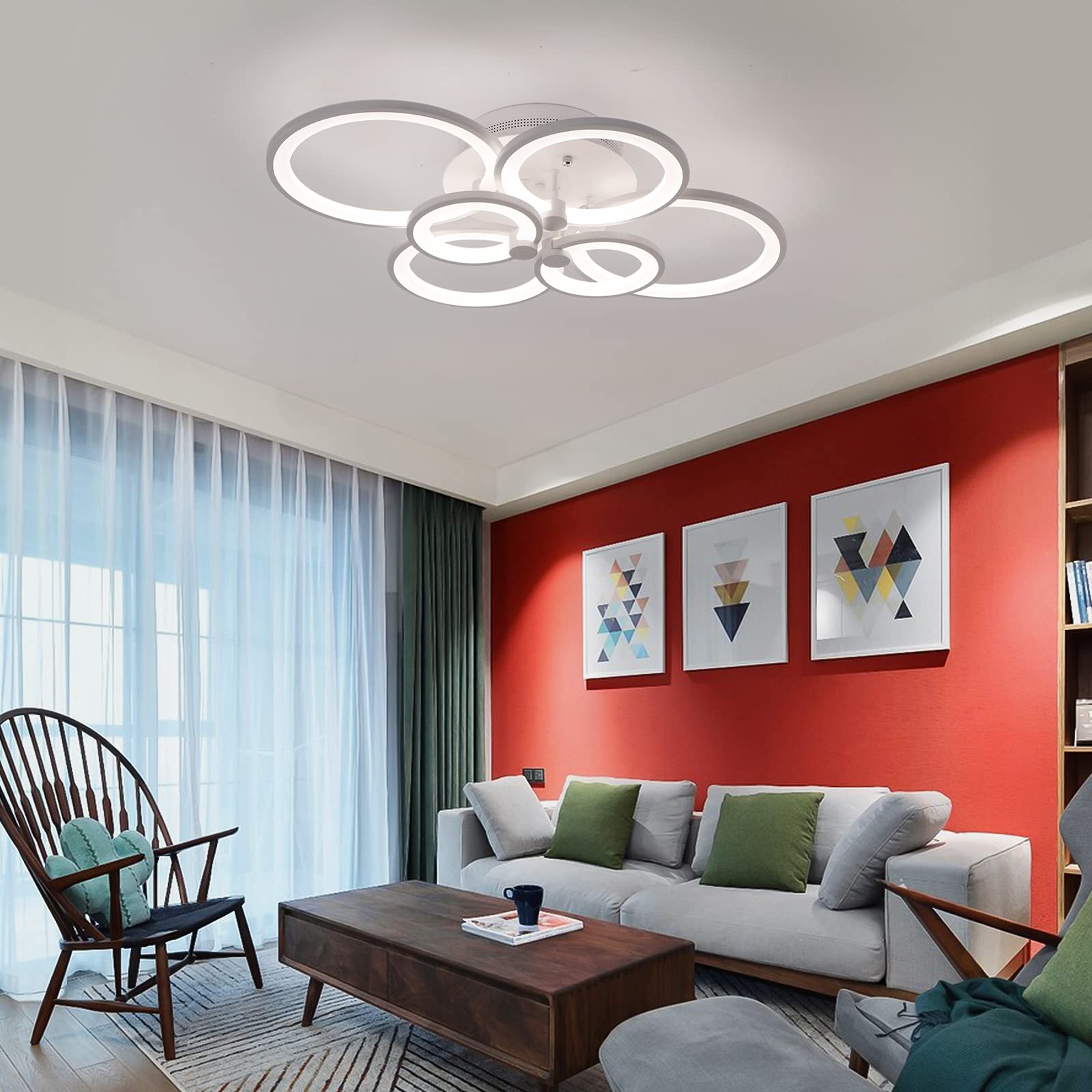 Jaycomey Led Flush Mount Ceiling Light Fixture, 72W Metal Acrylic Dimmable Ring Modern Ceiling Light With Remote, 6 Rings White