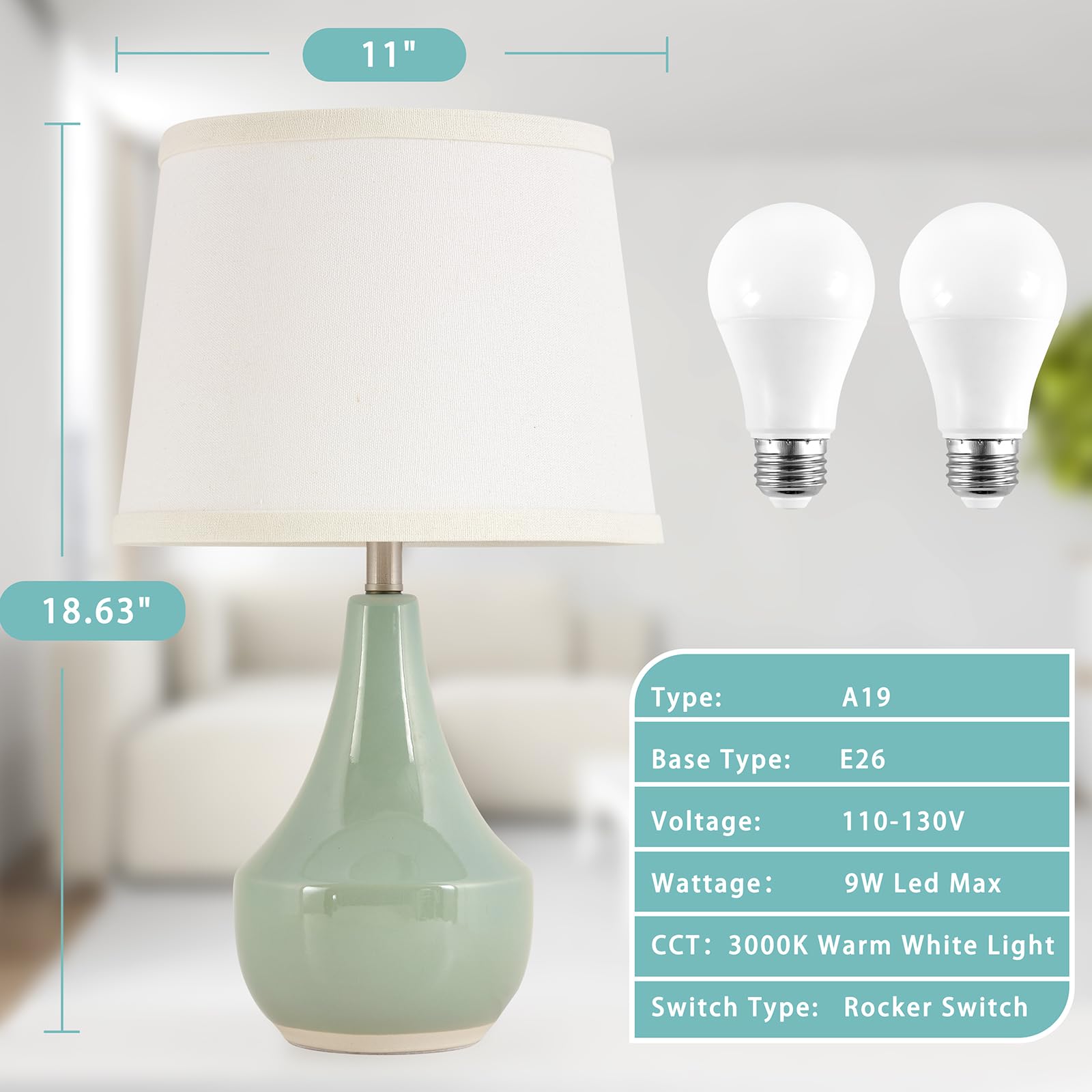 GyroVu Table Lamp Set of 2, 18.63” Ceramic, Sage Green with White Lampshade, Modern Nightstand Lighting for Living Room & Bedroom