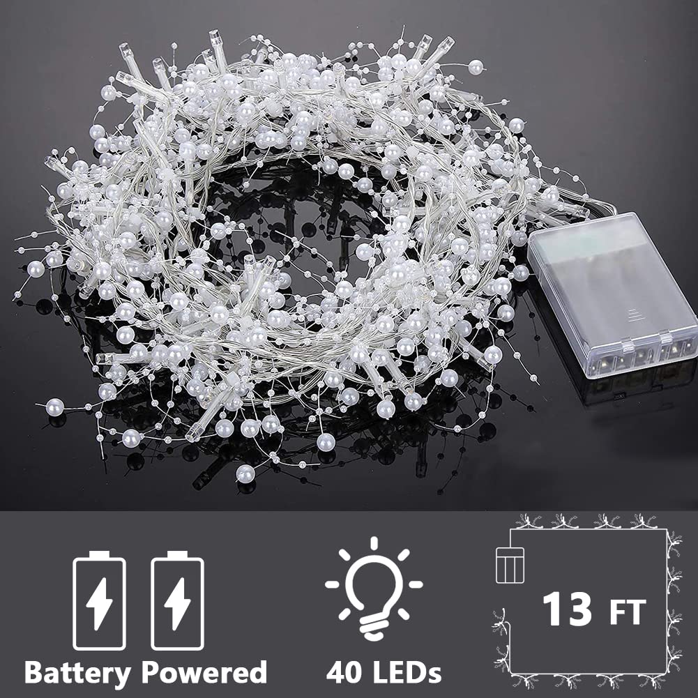 OVV 13FT Christmas White Pearl String Lights 40LED Lighted Berry Beaded Garland Festive Indoor Xmas Decoration Warm Lights for B