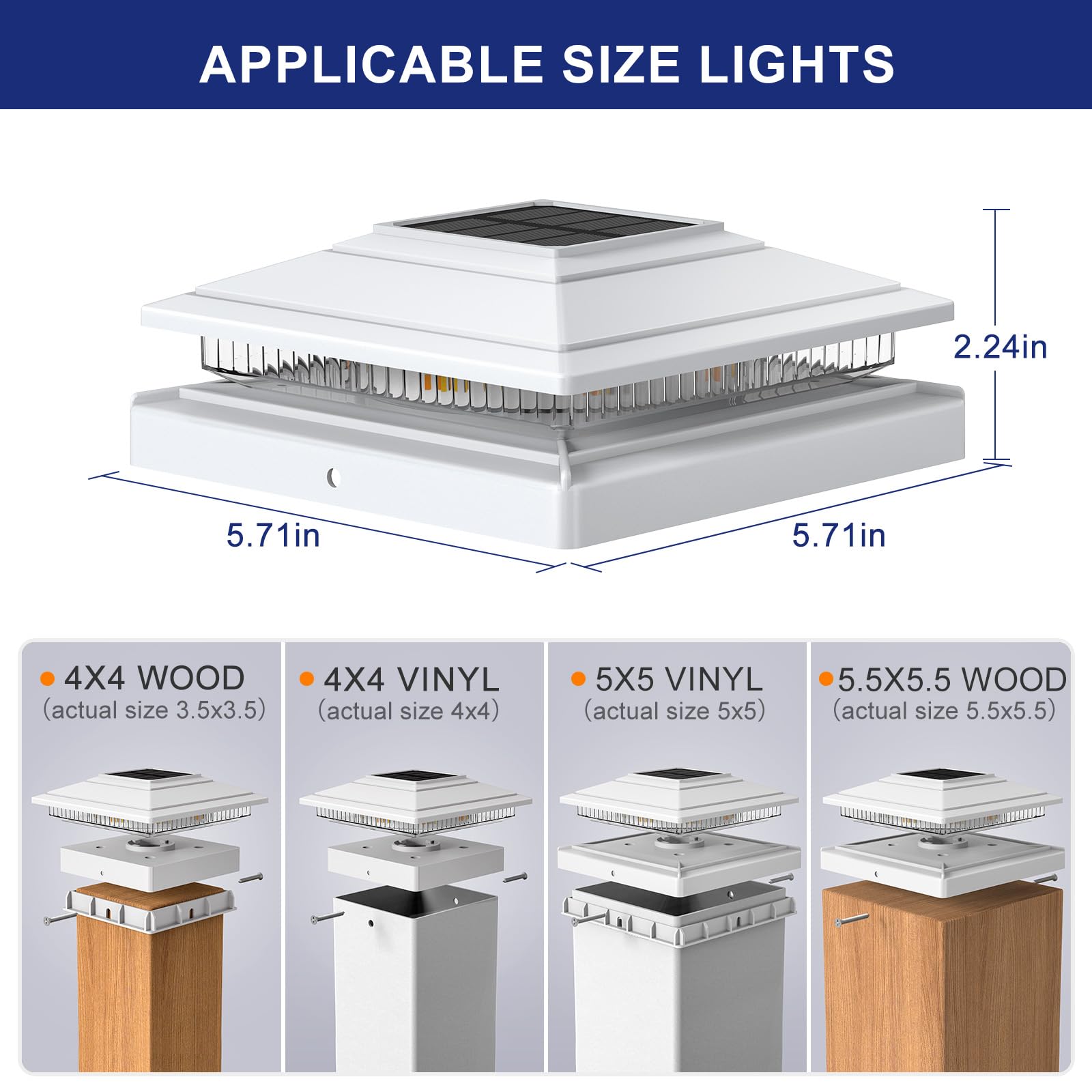 APONUO Solar Post Cap Lights 16-Pack, Waterproof 16 LED for 4x4/5x5/6x6 Posts, White, Model TZ28, 10-Hr Lighting