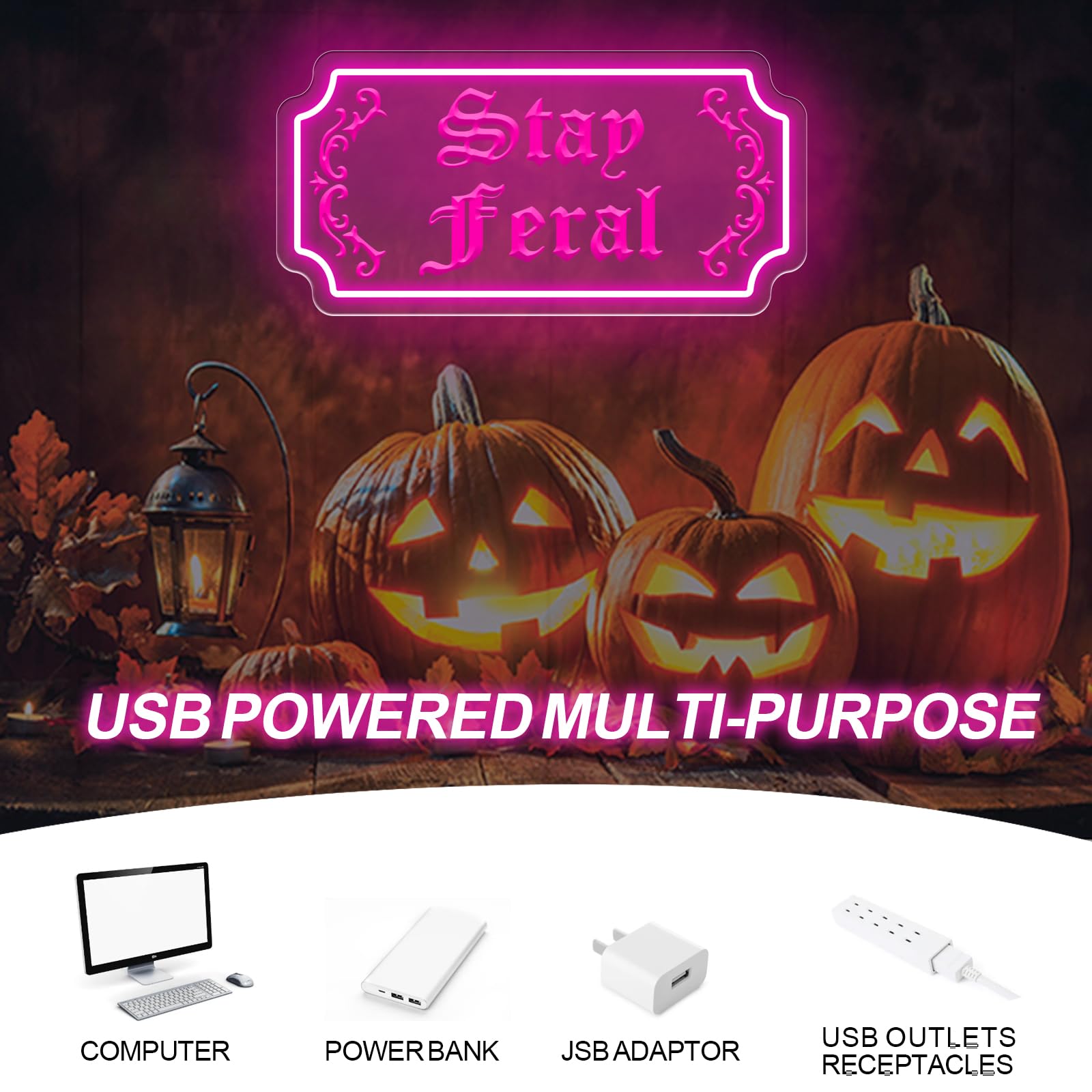 Stay Feral Neon Sign Gothic Decor Led Light Goth Lover Gift Halloween Decoration Bat Neon Sign Decor Ghost Spooky Wall Art  15.7X7.9  Pink