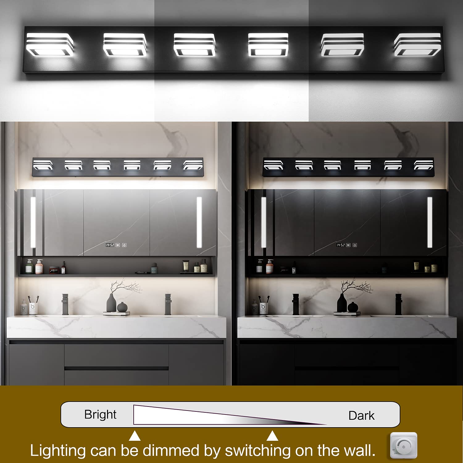 SOLFART Modern LED 6-Light Vanity Light Fixture, Dimmable Matt Black, Model S9660-6T-BK, Over Mirror Bathroom Lighting