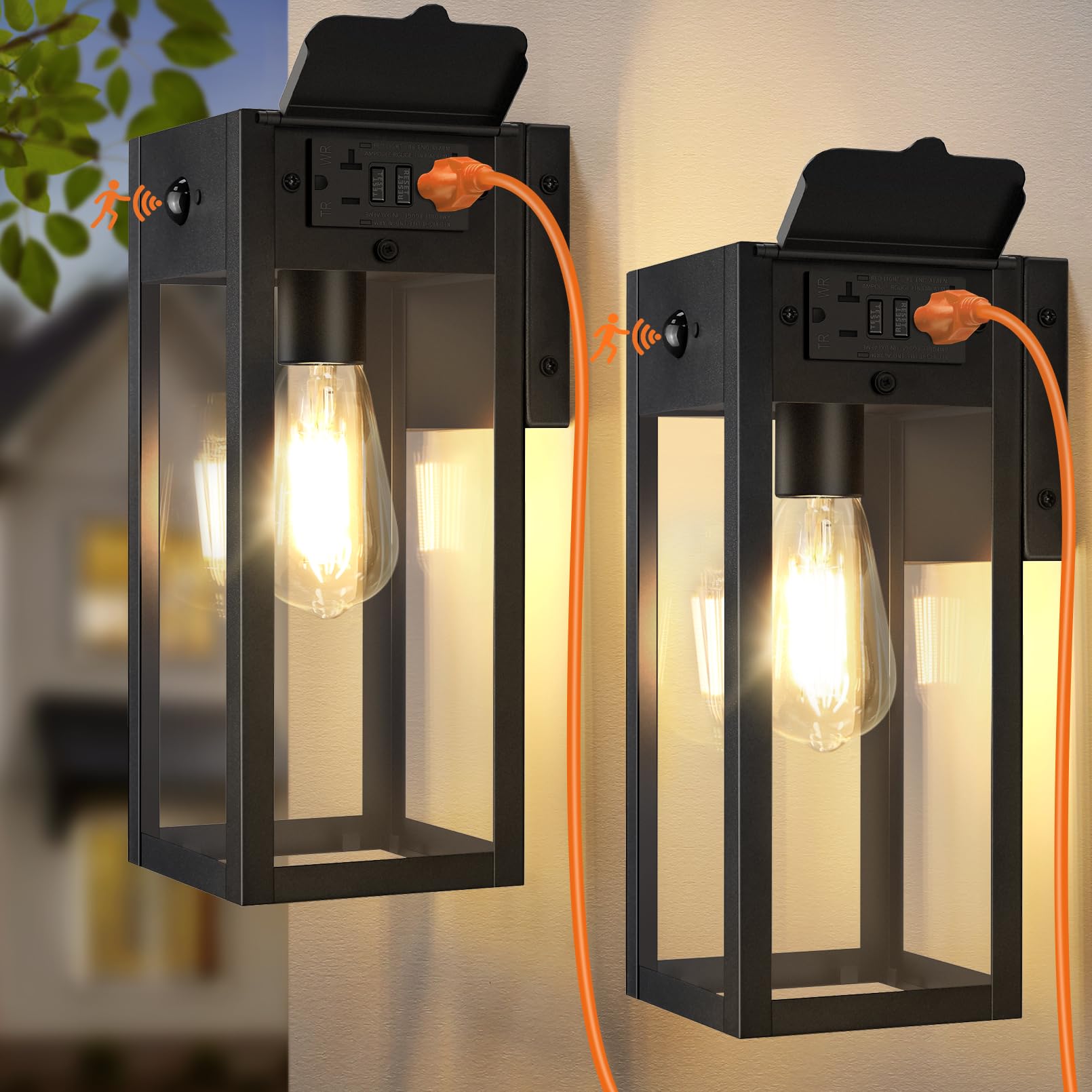 OYKYOHEI Porch Lights 2-Pack with GFCI Outlet, Dusk to Dawn, Motion Sensor, Waterproof, Metal, Black, Model TSU-B05053PG-GF-2