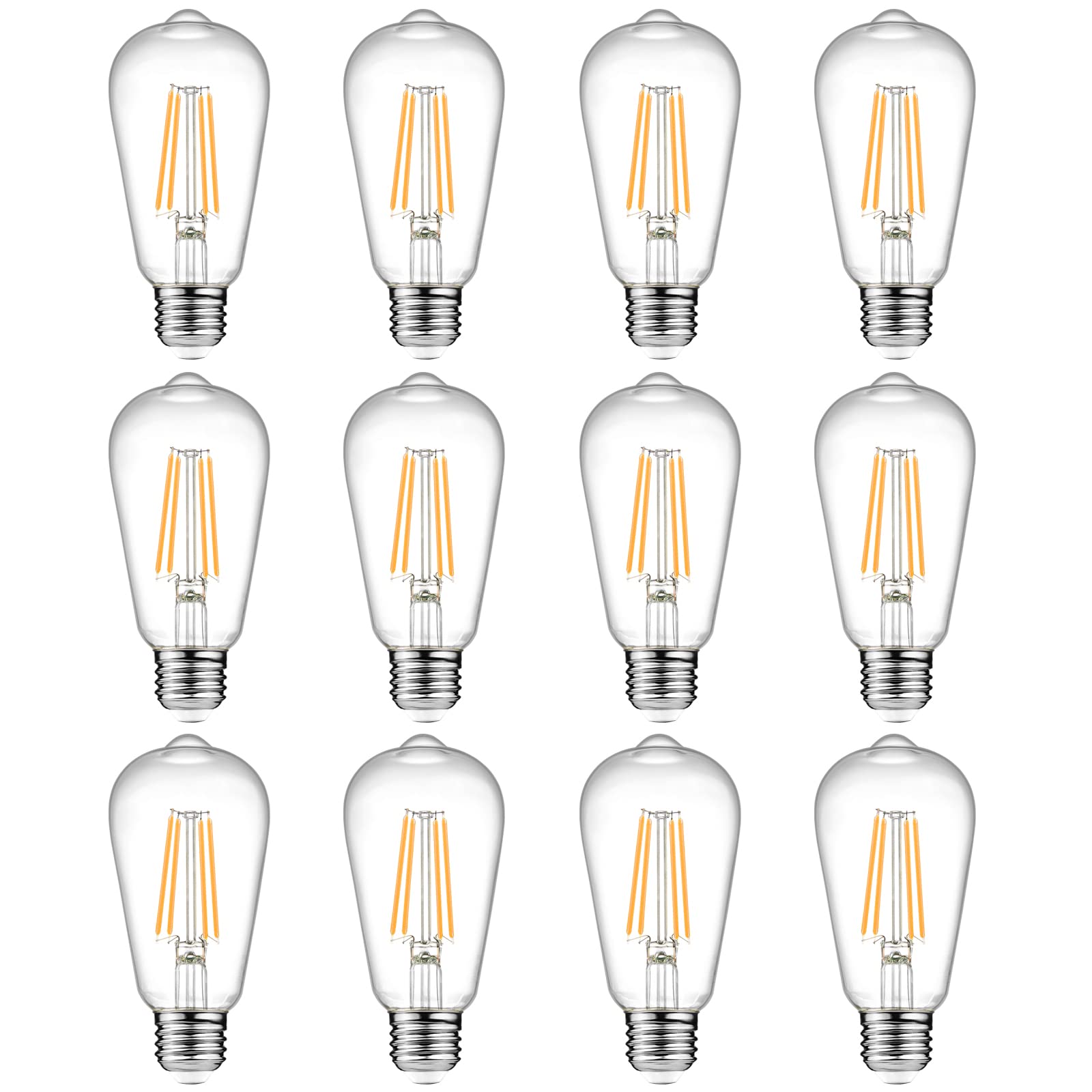 Ascher Vintage LED Edison Light Bulb 12-Pack, 60W Equivalent, Warm White 2700K, Glass, E26 Base, Non-Dimmable