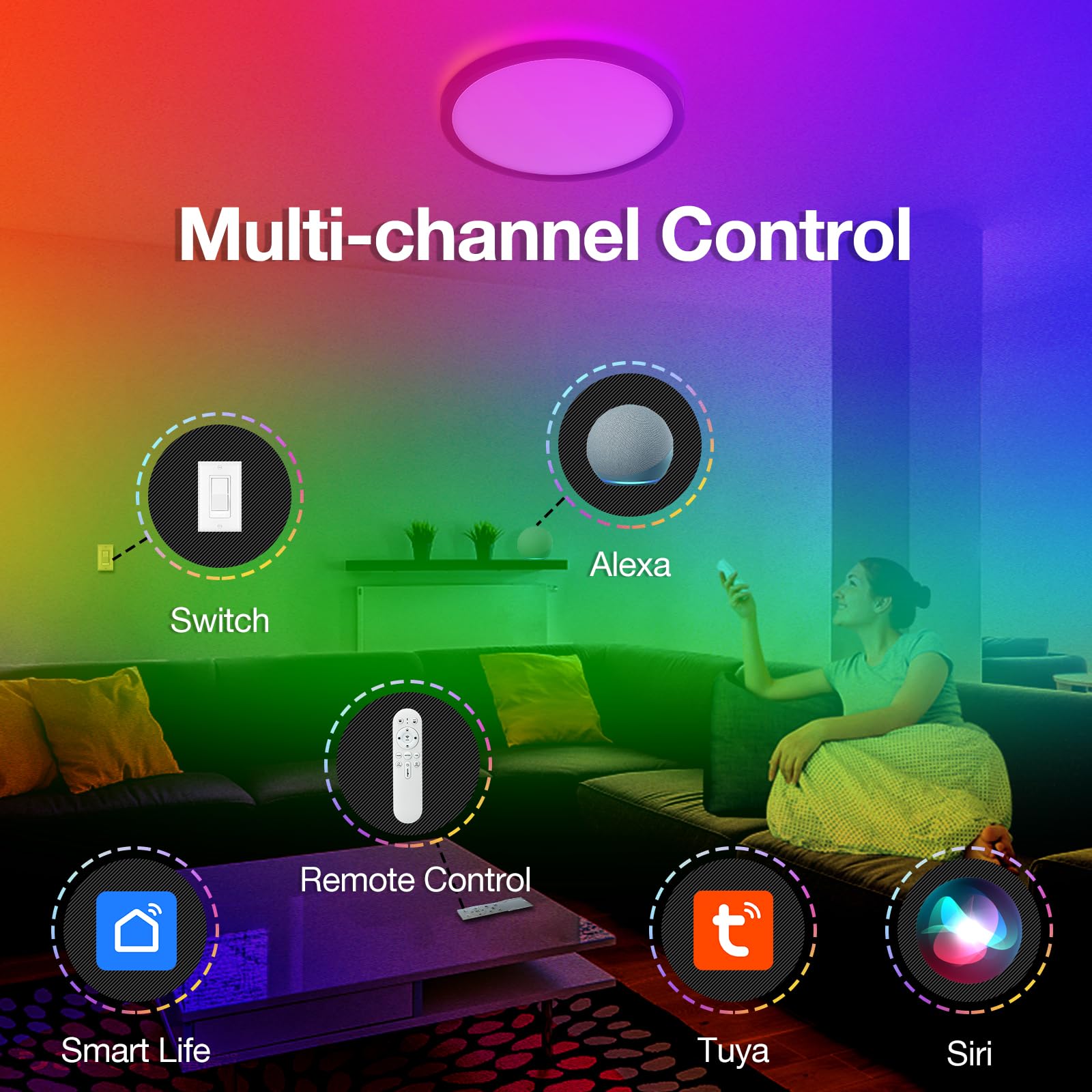 VocgoUU Smart Ceiling Light 12" RGB, Dimmable LED, WiFi & Tuya App Compatible, Black, Model VU-RGB-0703
