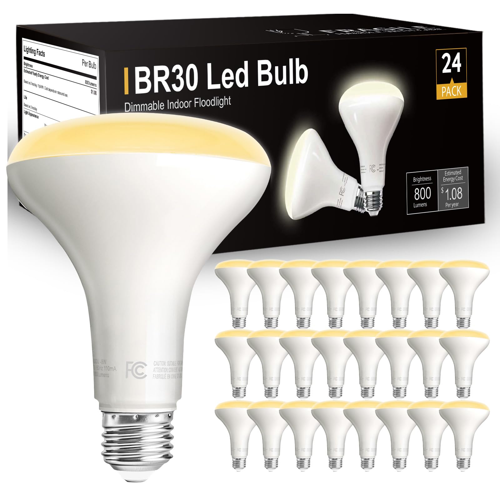 Dalattin 24 Pack Br30 Led Bulbs 65W Equivalent, Dimmable Indoor Flood Lights Bulb, E26 Base, 2700K Warm White, 9W, 800 Lm, Reces
