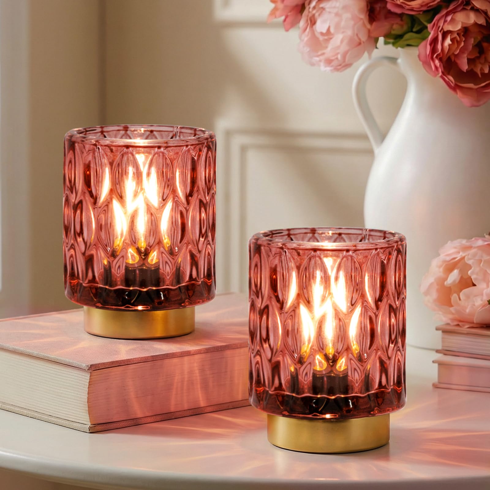 Battery Operated Table Lamps Timer  Mini Crystal Lamp for Area No Plug  Cordless Lamp with LED Bulb for Power Outage  Decorative Lamps for Tabletop/Corner/Entryway/Stairway/Bathroom/Fireplace (2 Pink)