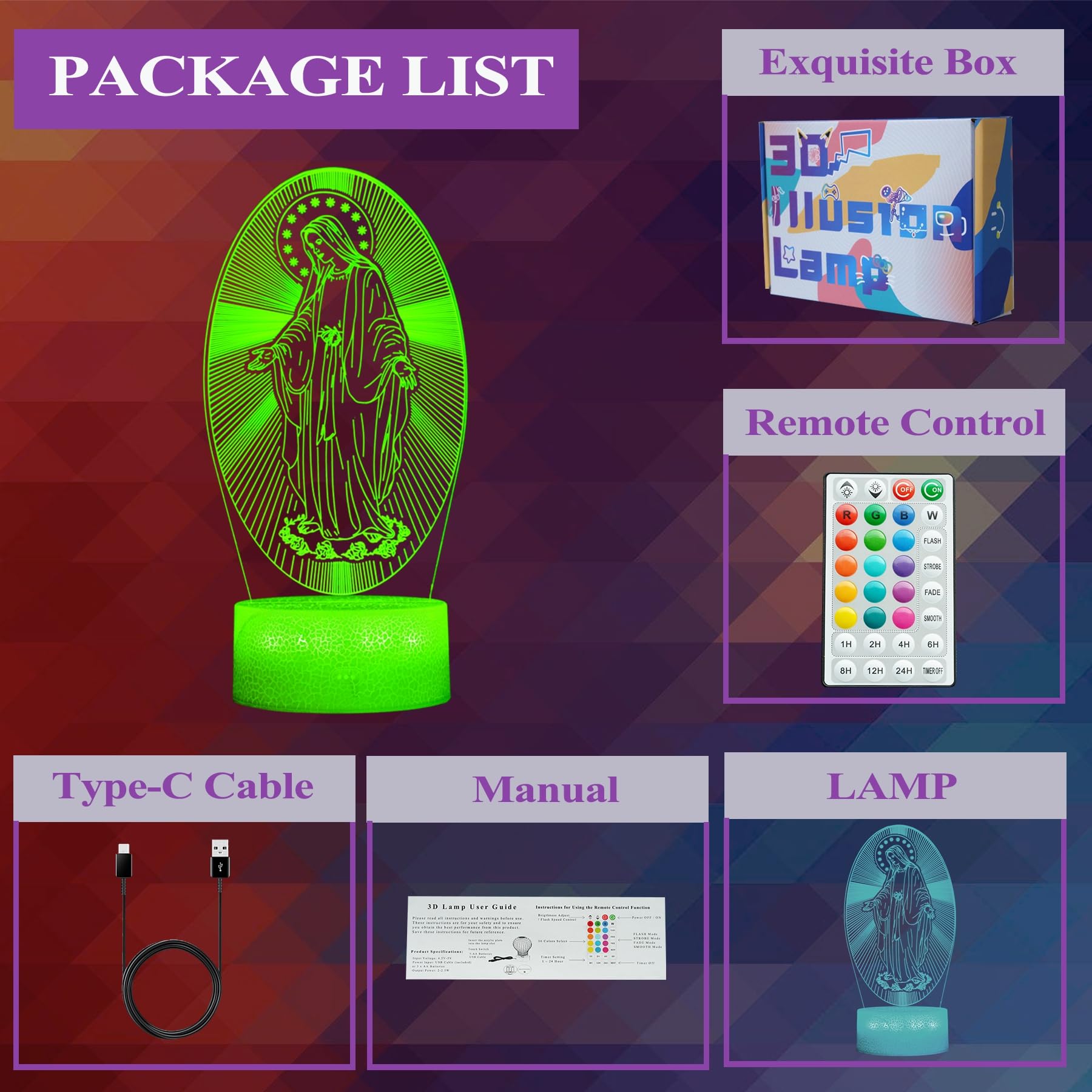 POSSHE 3D Virgin Mary Night Light, 16 Color Changing, Remote Control, 8.3" H, ABS Material, Model MY-3D LAMP-CRACK