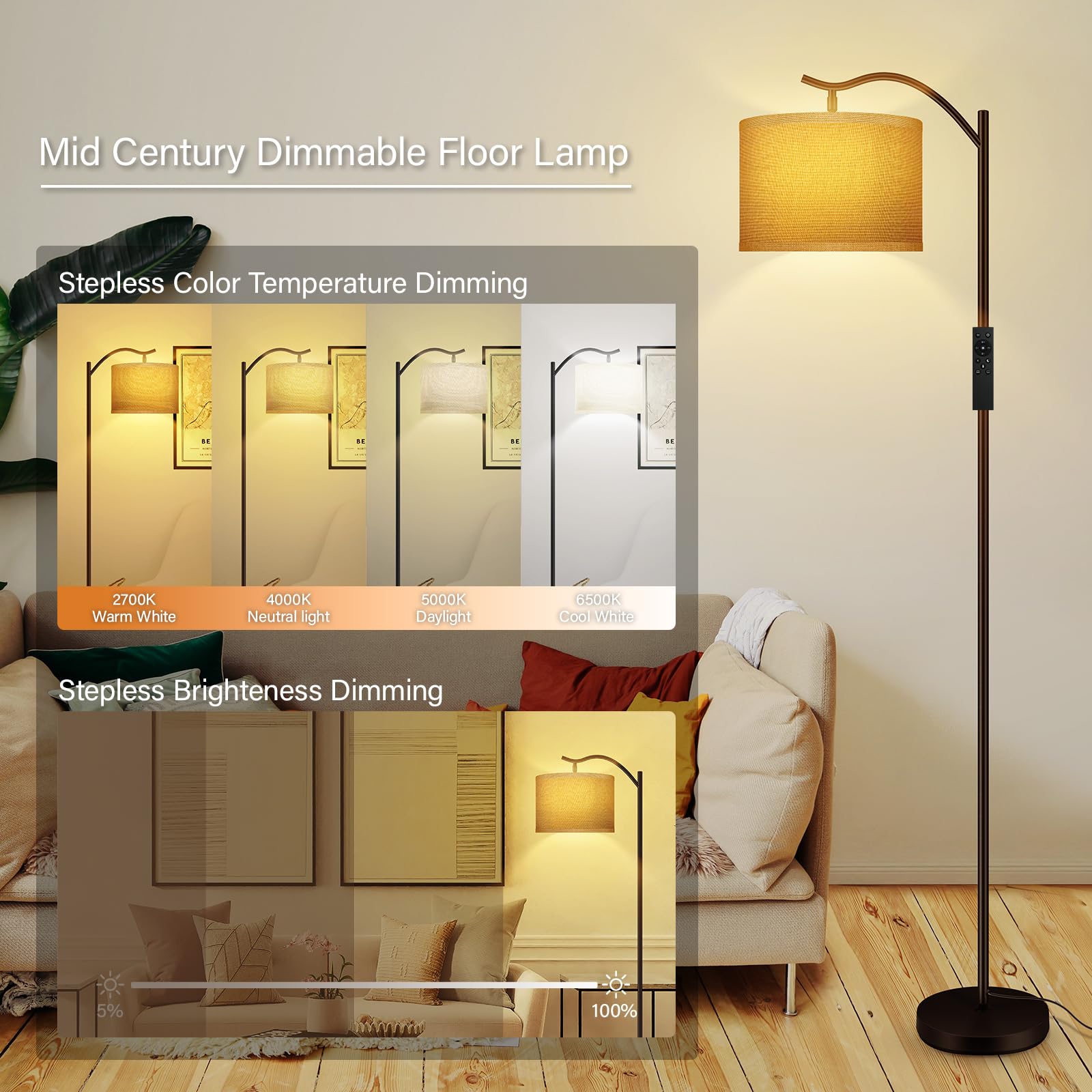 BoostArea Arc Floor Lamp, Remote Control, Stepless Dimmable 2700K-6500K, Metal, Jute, Model B1369