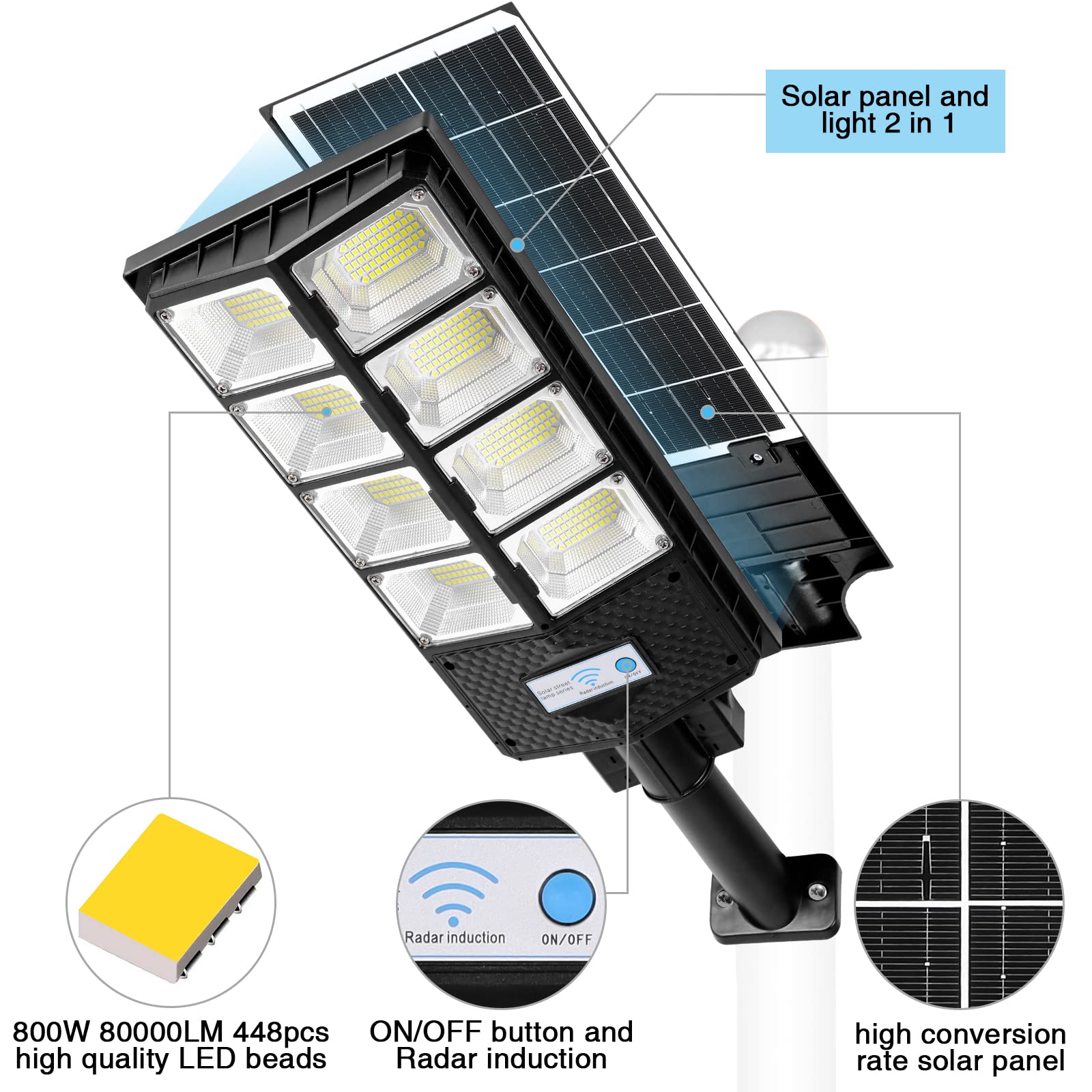 ZJOJO Solar Street Lights 10000LM 448 LEDs Dusk to Dawn Wide Angle Motion Sensor Remote Control 2-Pack White