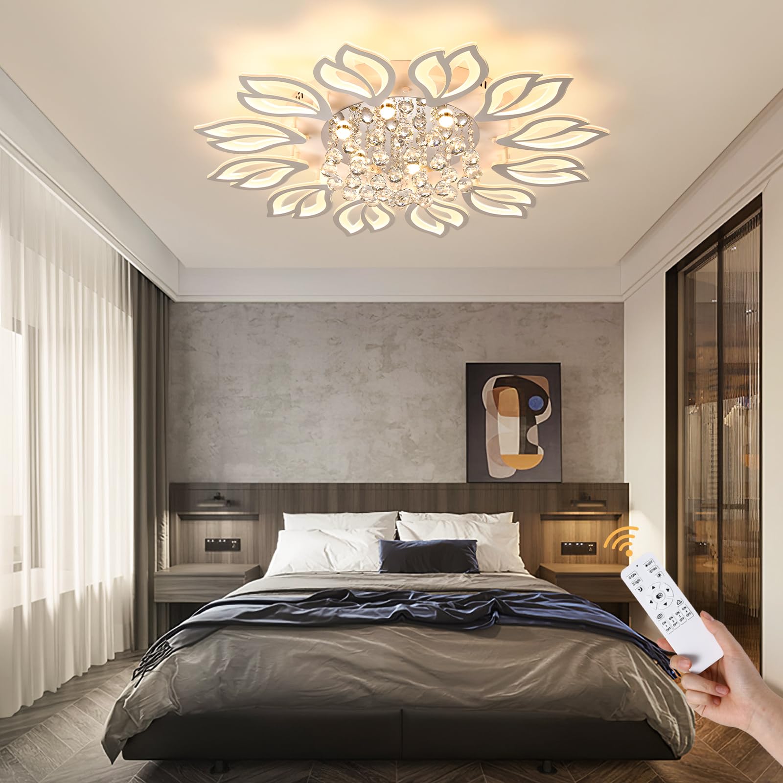 Garwarm Modern Ceiling Light 40.7 In Dining Room Light Fixture 12 Petals Flower Flush Mount Ceiling Lights Chandelier Bedroom Living Room Kitchen Office Lighting Fixture 100W White