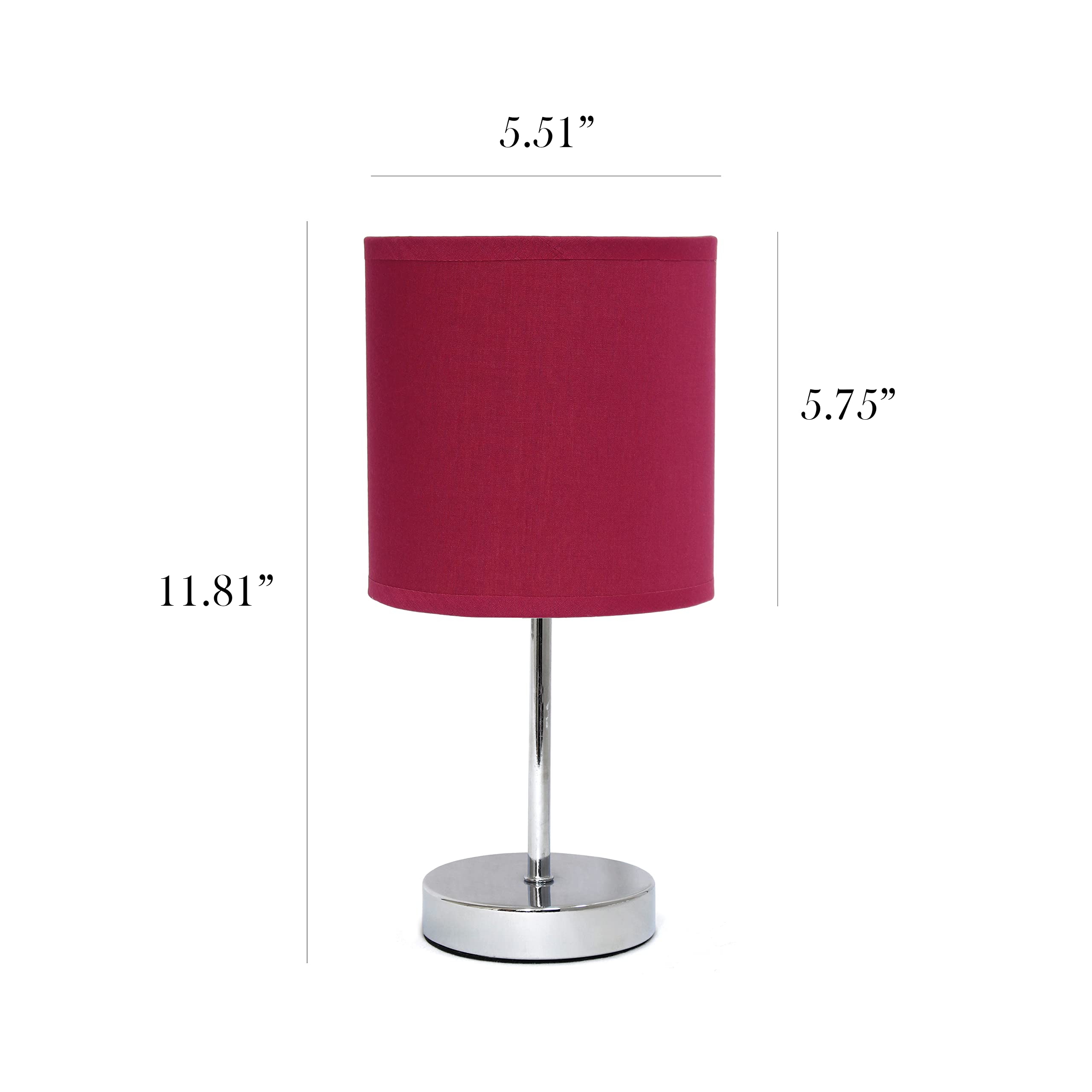 Simple Designs Chrome Mini Basic Table Lamp 2 Pack, Fabric Shade, Wine Red, Model LT2007-WNE-2PK, No Bulb