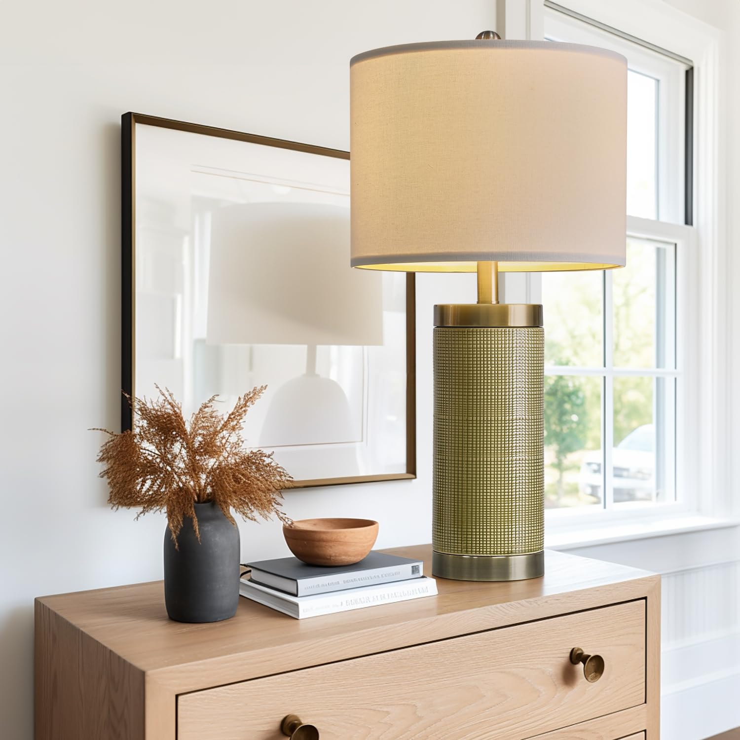 Usumkky 24.5" Modern Ceramic Light-Green Single Bedside Lamp For Bedroom Decor Farmhouse Table Lamp For Living Room Office Dorm