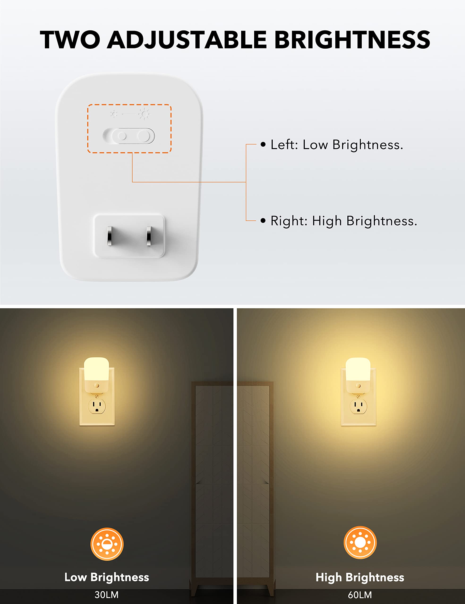 Specmsky Night Lights Plug Into Wall, Bright Night Light With Dusk To Dawn Sensor, 3000K Warm White Adjustable Brightness Led Nite Lights For Kids, Nursery, Pet, Bedroom Hallway Kitchen, 2 Pack