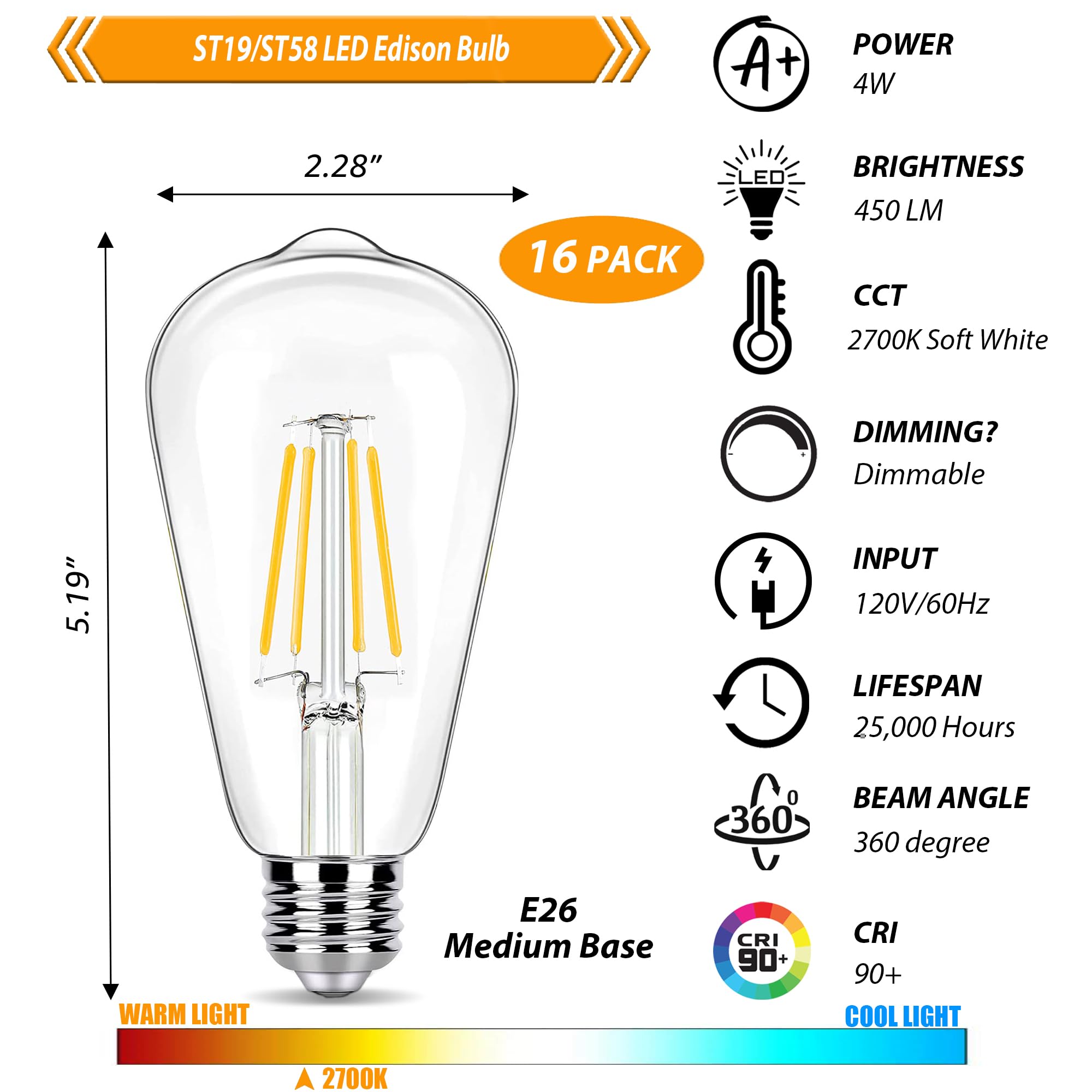 Winsaled 16 Pack Led Edison Bulbs 40W Equivalent, Dimmable 2700K Soft Warm White St19/St58 Light Bulb, 4 Watt Vintage Led Filame