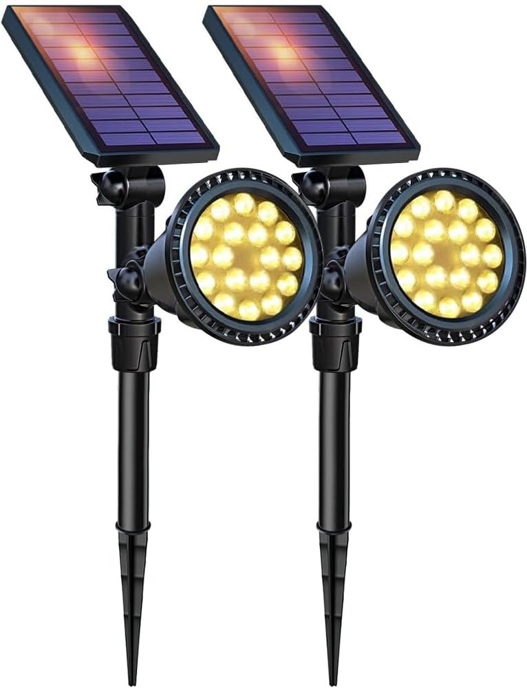 DBF Solar Spot Lights, Warm Light, 2.5W Solar Panel, 18 LED, Waterproof, 2 Pack, Yellow