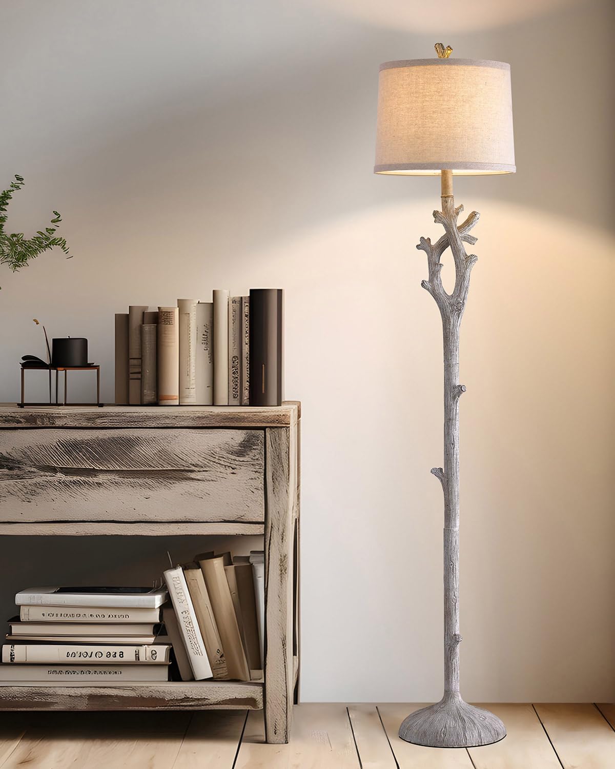 OYEARS Retro Farmhouse Floor Lamp - Rustic Tree Trunk Design, 59.75" Tall, Washed White Resin, Model AMZ-F1158RS