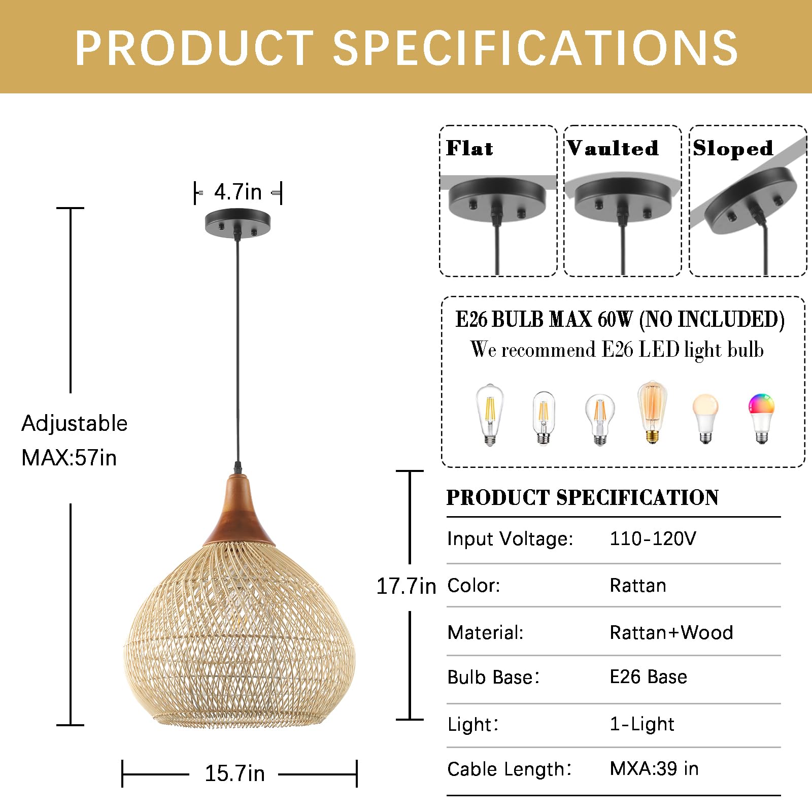 Karjearl Rattan Pendant Light, 15.7" Hand-Woven Chandelier, Wood Raindrop Light, Model LT30-RA-1P for Dining Room, Kitchen, Living