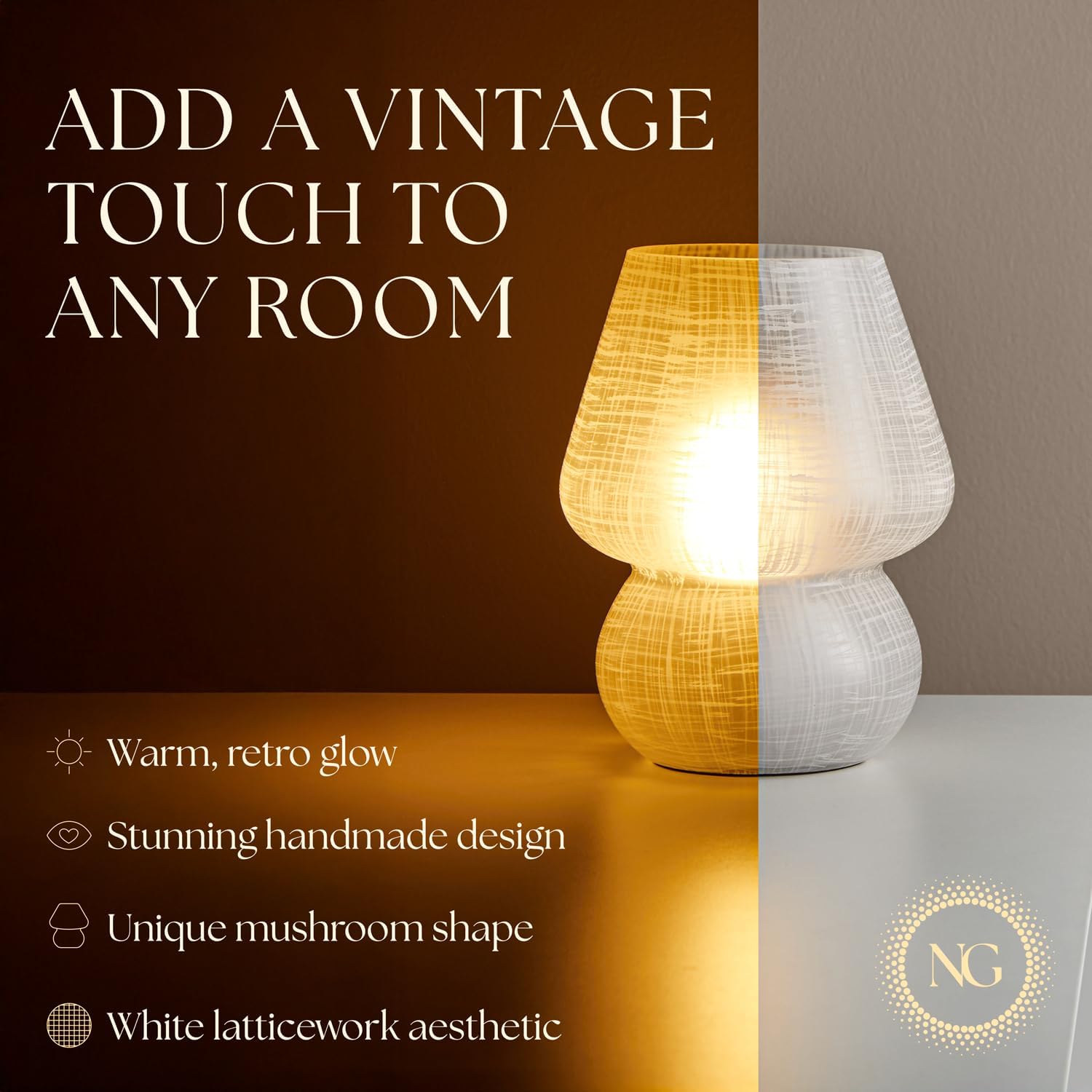 Next Glow Mushroom Lamp – Modern Dimmable LED Night Light, Small, White Lattice Glow, Model LT-0328-1, Glass Material