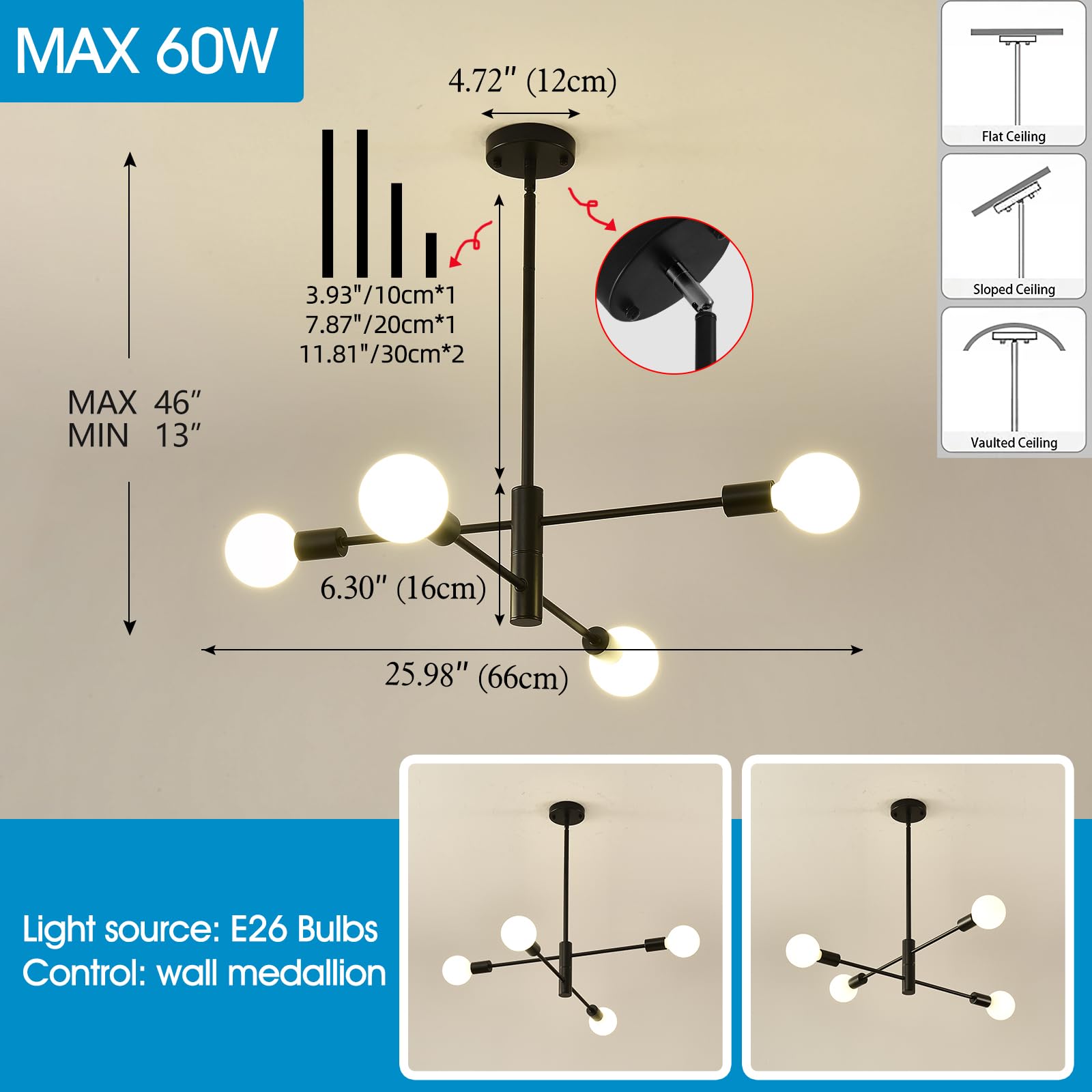 Hhr Modern Sputnik Chandelier - Industrial 4-Light Black Ceiling Light, Adjustable For Kitchen & Dining