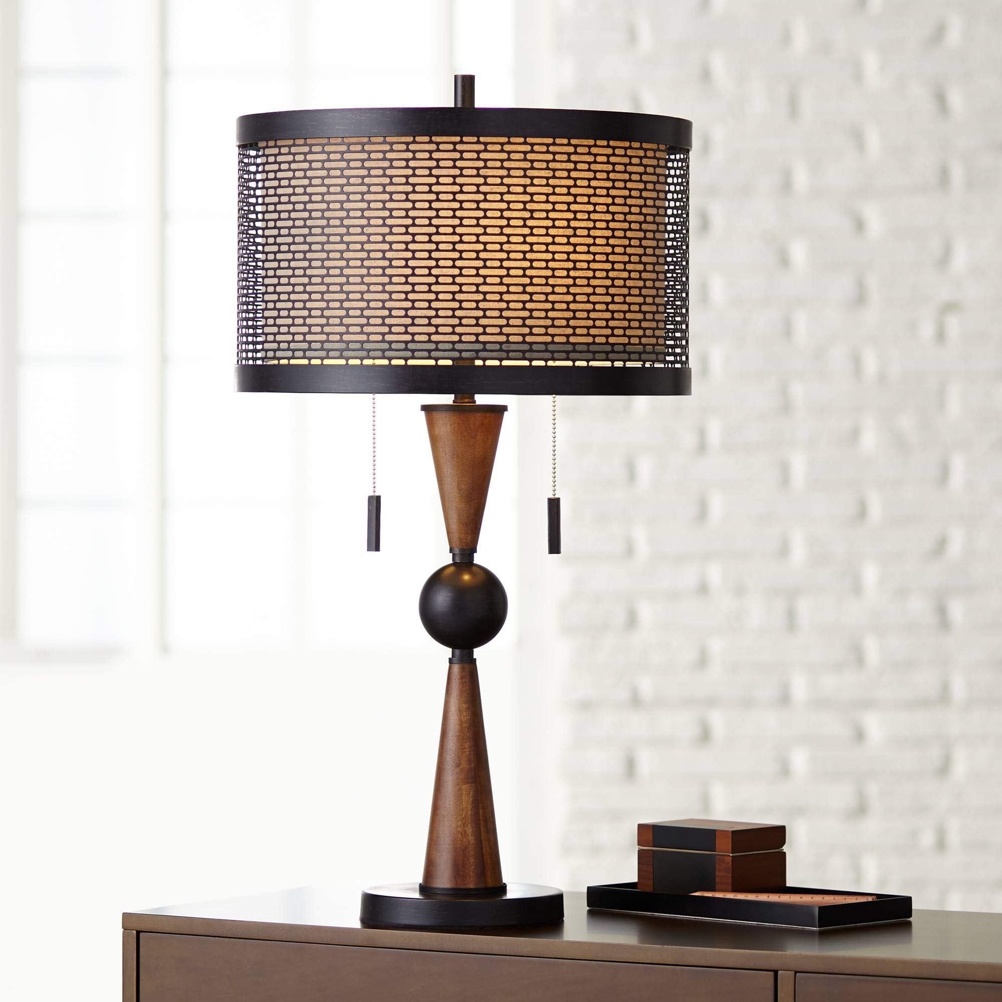Franklin Iron Works Hunter Rustic Farmhouse 3-Way Table Lamp with Table Top Dimmer 29.75 Tall Bronze Cherry Wood Finish Double D