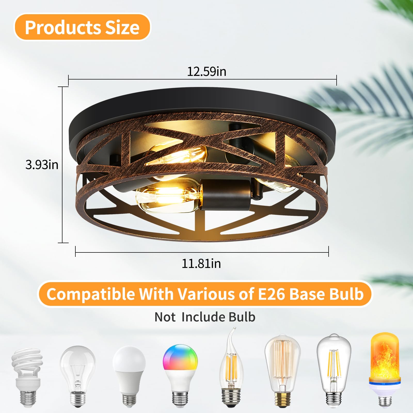 ZHU YAN Farmhouse Ceiling Light Fixture, 3-Light Flush Mount, Rustic Metal, 13in, Black, Model D0908