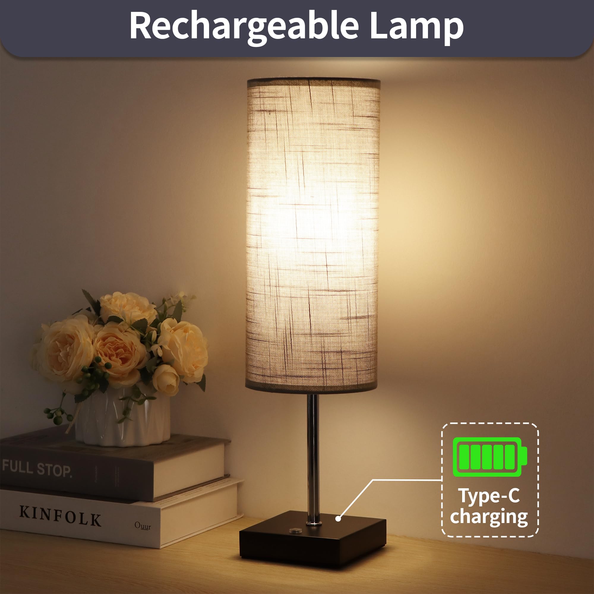 PLMMY 18-Inch Cordless Table Lamp, Rechargeable Touch Control, Dimmable, Gray Linen Fabric Shade, Battery Operated for Home and Office