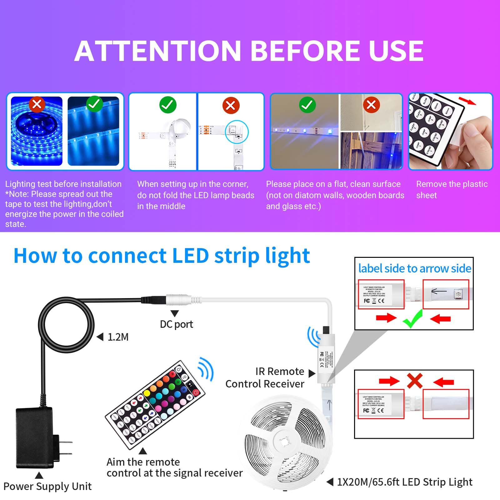 IKERY LED Strip Lights, 65.6ft RGB Color Changing, Cuttable & Dimmable, PVC Material, 44-Key Remote, Ideal for Home & DIY Decor