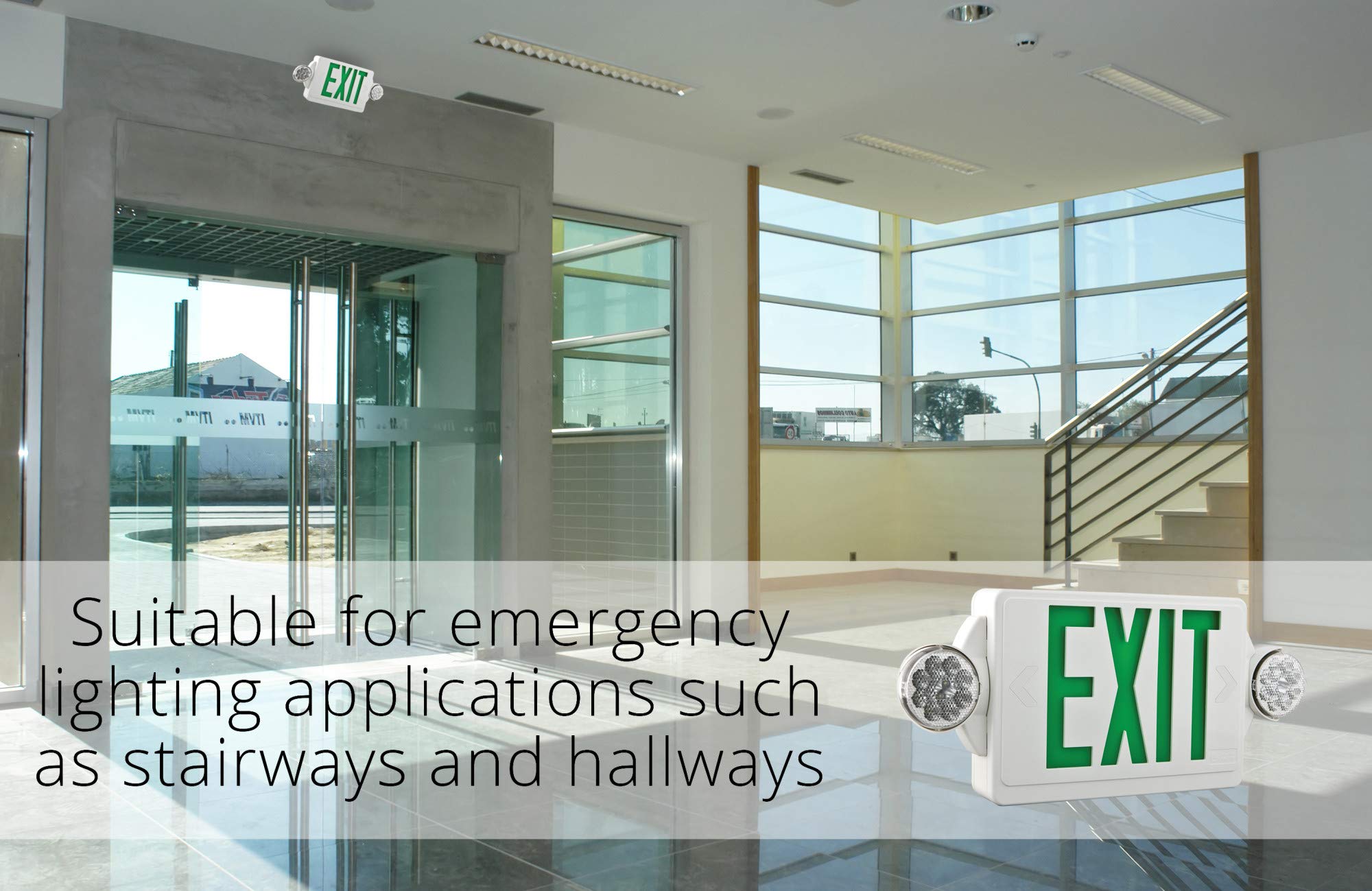 Lithonia Lighting Lhqm Led G M6 Led Exit And Emergency Light Combo 2-Head Fixture, Green Letters And Battery Backup