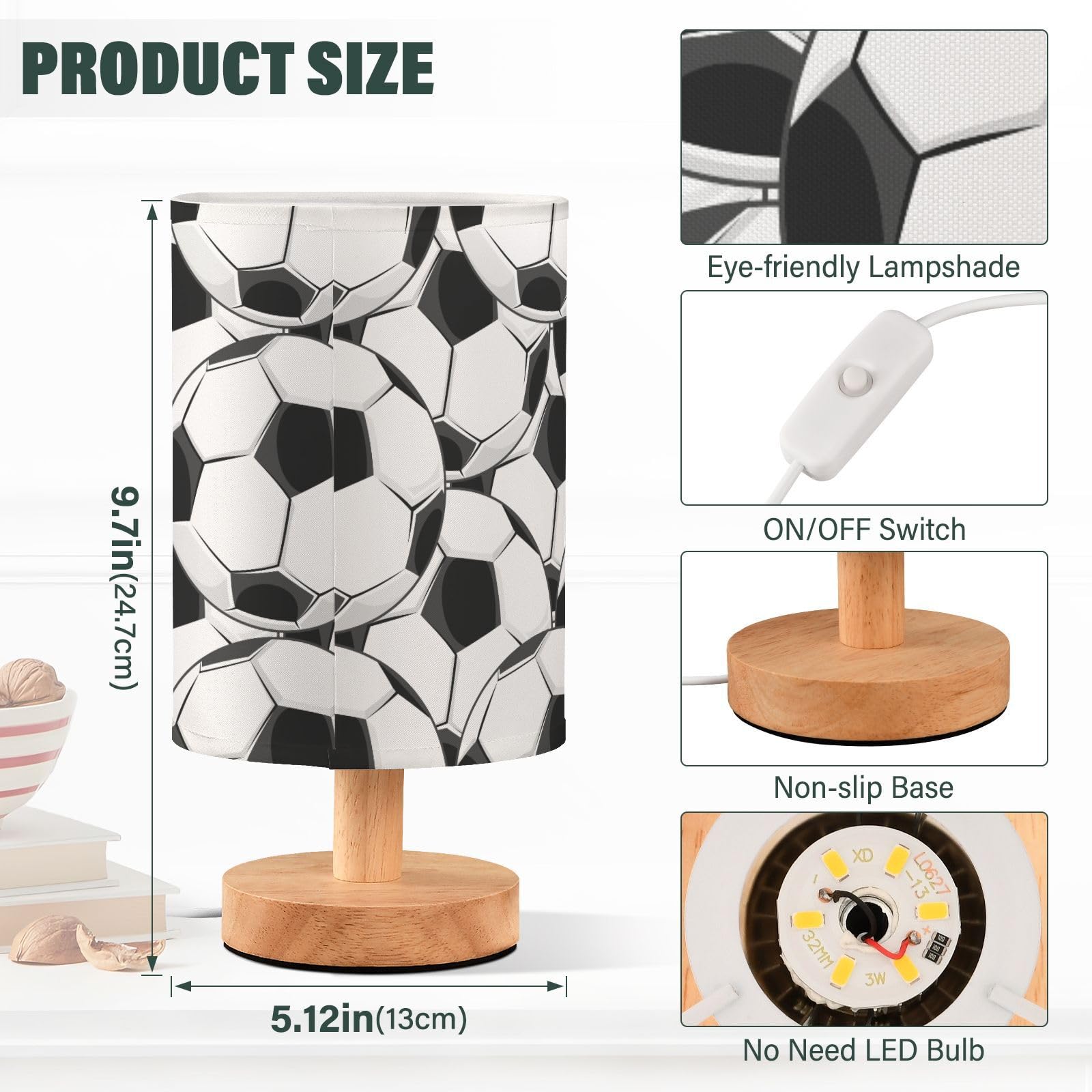 Alaza Black White Soccer Decor Bedside Table Lamp With Usb Port For Bedroom Nightstand Office Desk Led Bulb Included