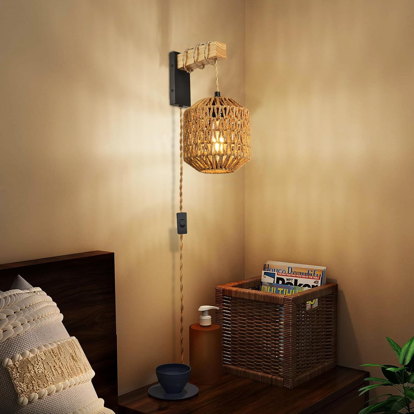 NOVCAND Rattan Plug in Wall Sconces Set of Two, Boho Design, Black, Model TW20240820, Size: Plug in Wall Sconces-02
