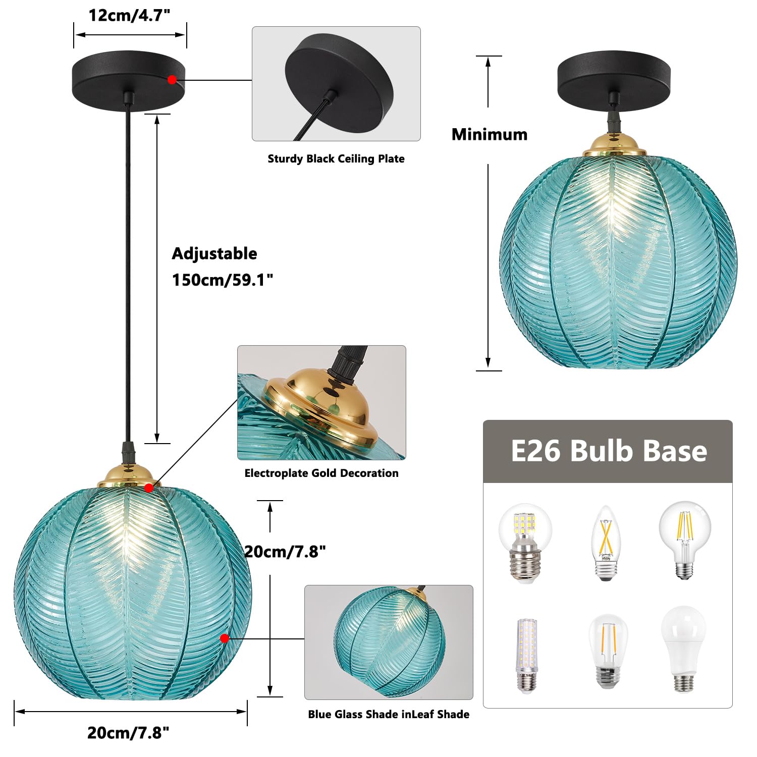 KCO Blue Glass Pendant Light - Mid Century Modern Design, Large Globe, Adjustable Cord, Model L1146-B