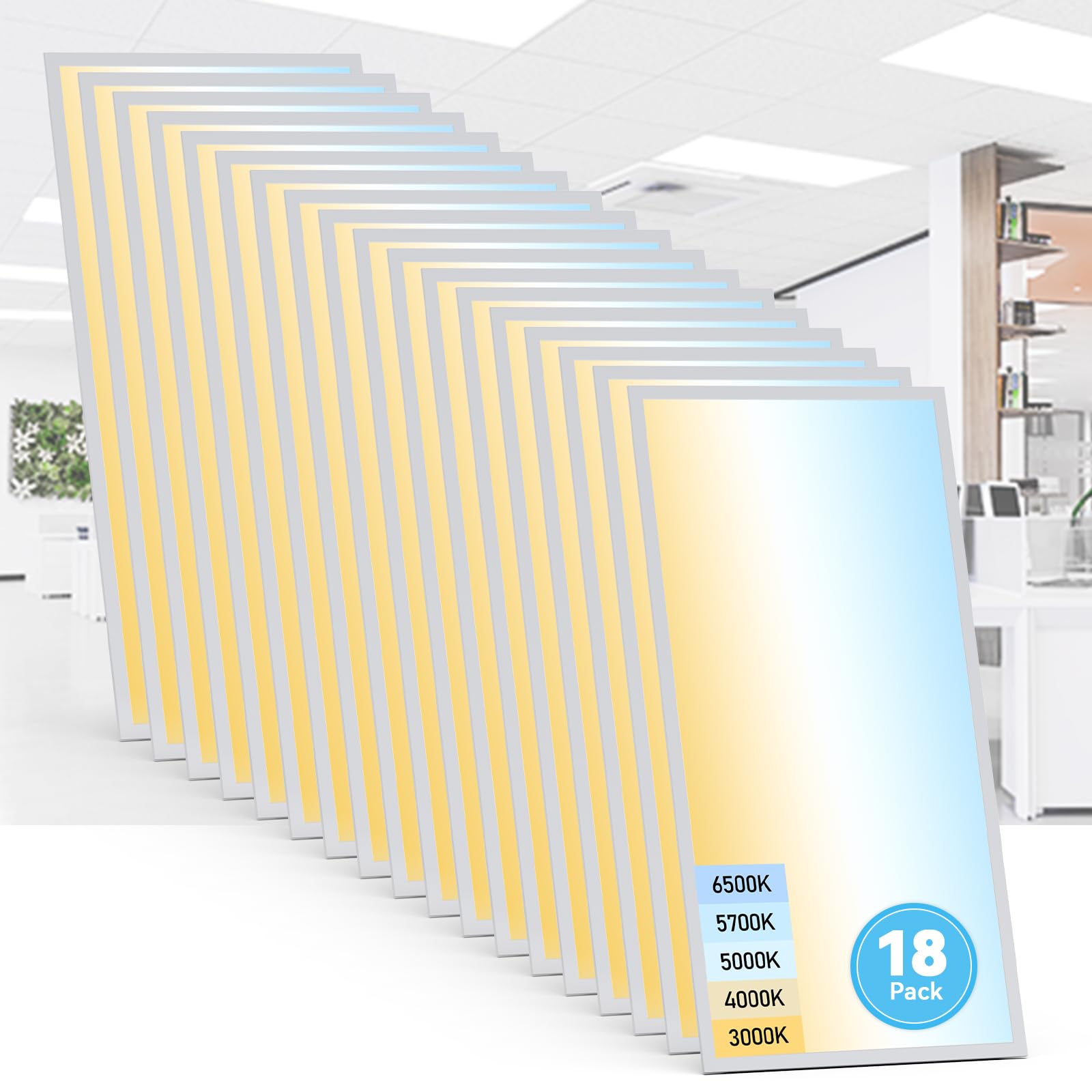 Aikvsxer 18 Pack 2X4 Led Flat Panel Light - Selectable 5 Cct 3000K-6500K & 5 Wattage 30-70W 7700Lm 0-10V Dimmable 2X4 Led Drop C