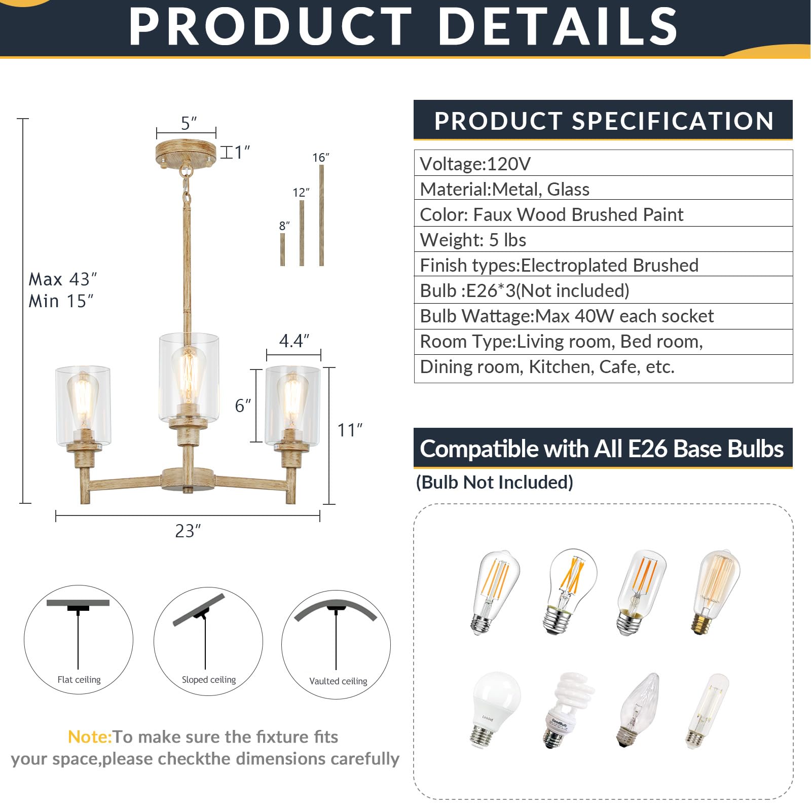 3 Light Farmhouse Chandelier | Rustic Chandeliers For Dining Room Light Fixtures |   Wood Hanging Lighting With Clear Glass Cover For Kitchen Island | Entryway | Bathroom | Corridor | Hallway